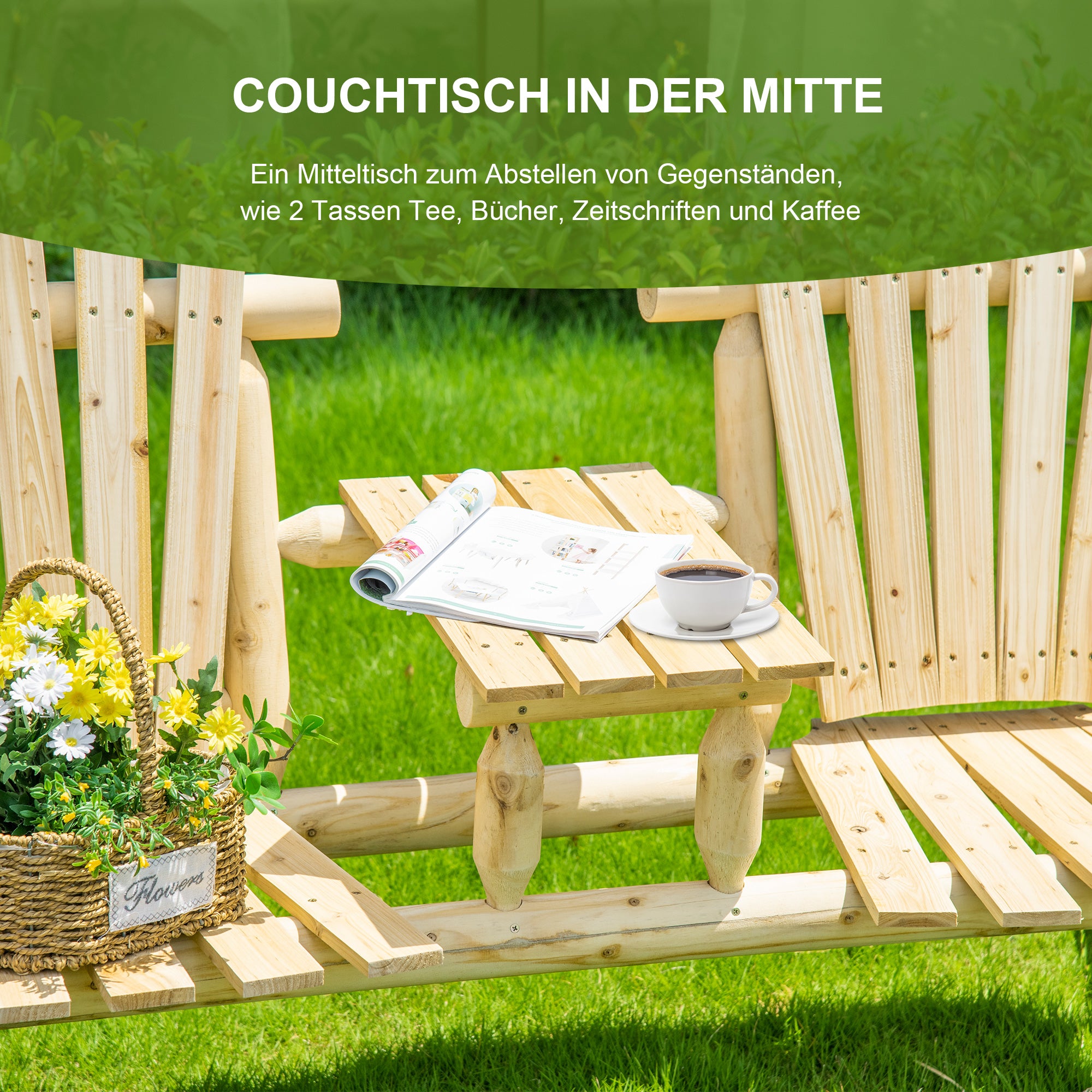 Garden Bench with Table, Garden Furniture, Bench, 2 Chairs, Solid Wood, Natural, 157 x 88 x 103 cm