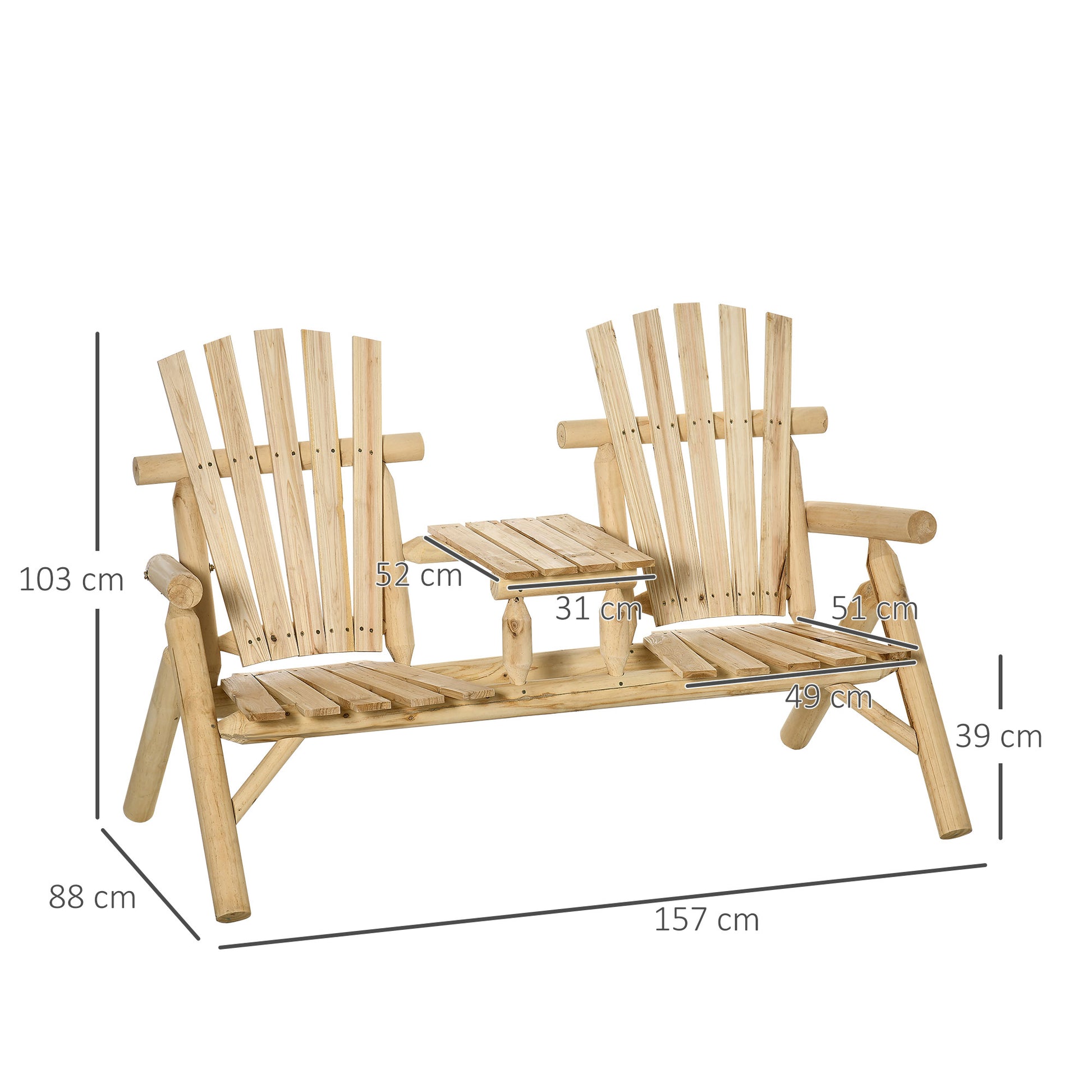 Garden Bench with Table, Garden Furniture, Bench, 2 Chairs, Solid Wood, Natural, 157 x 88 x 103 cm