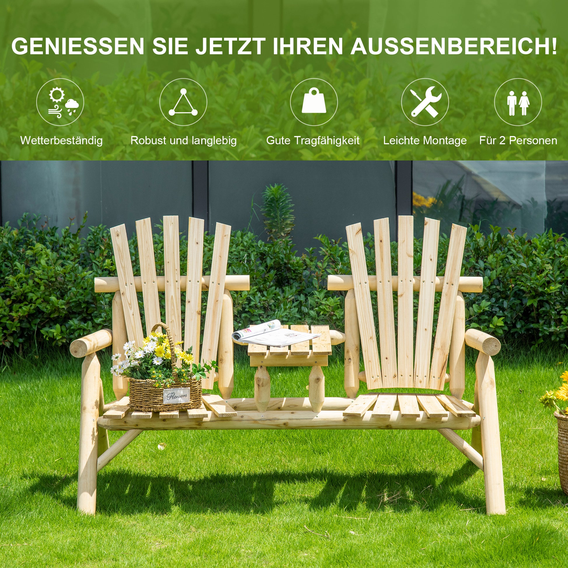 Garden Bench with Table, Garden Furniture, Bench, 2 Chairs, Solid Wood, Natural, 157 x 88 x 103 cm