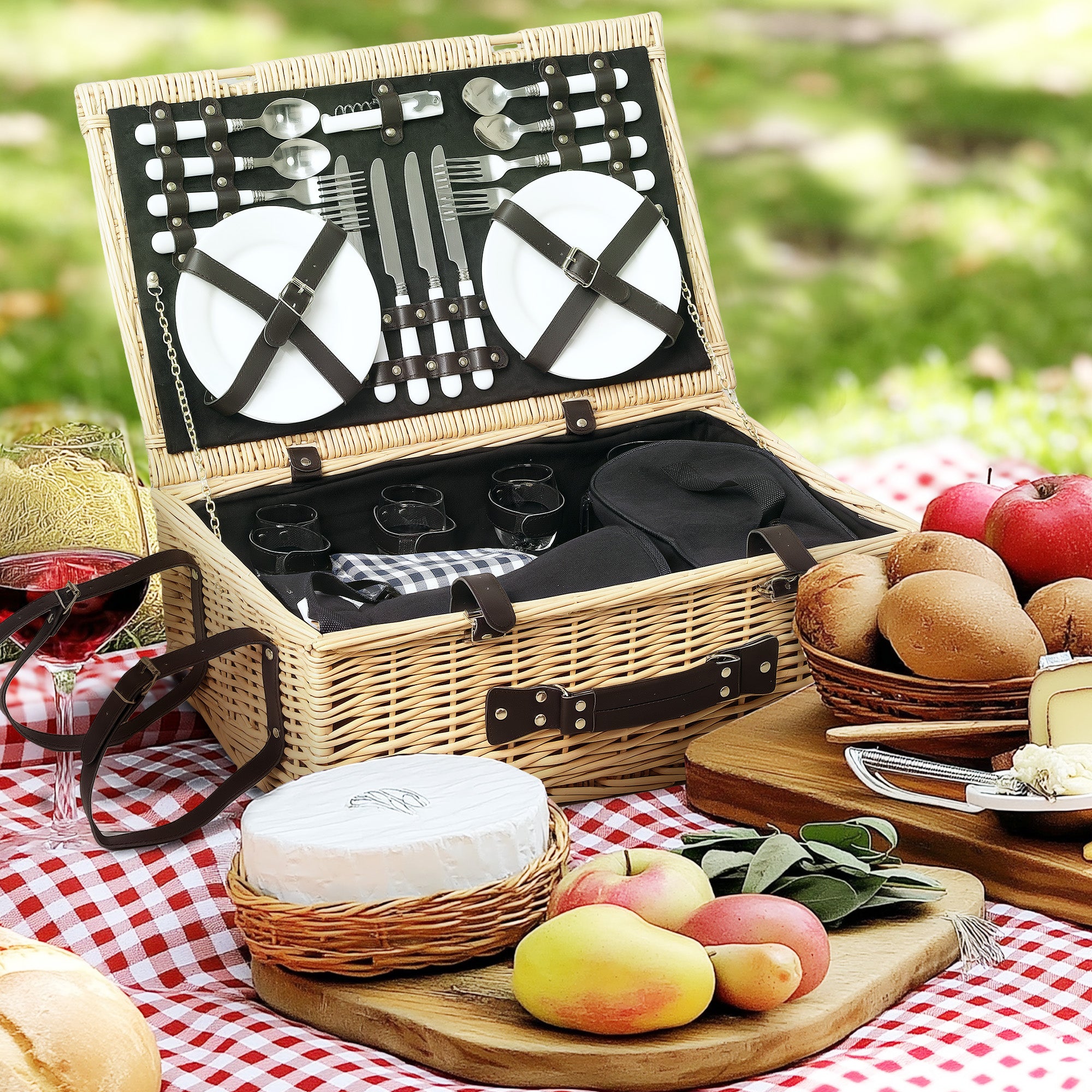 Willow Picnic Basket Set for 4 People with Insulated Cooler, Picnic Blanket, Cutlery Set, Complete Picnic Set for Camping Beach Christmas Natural Wood
