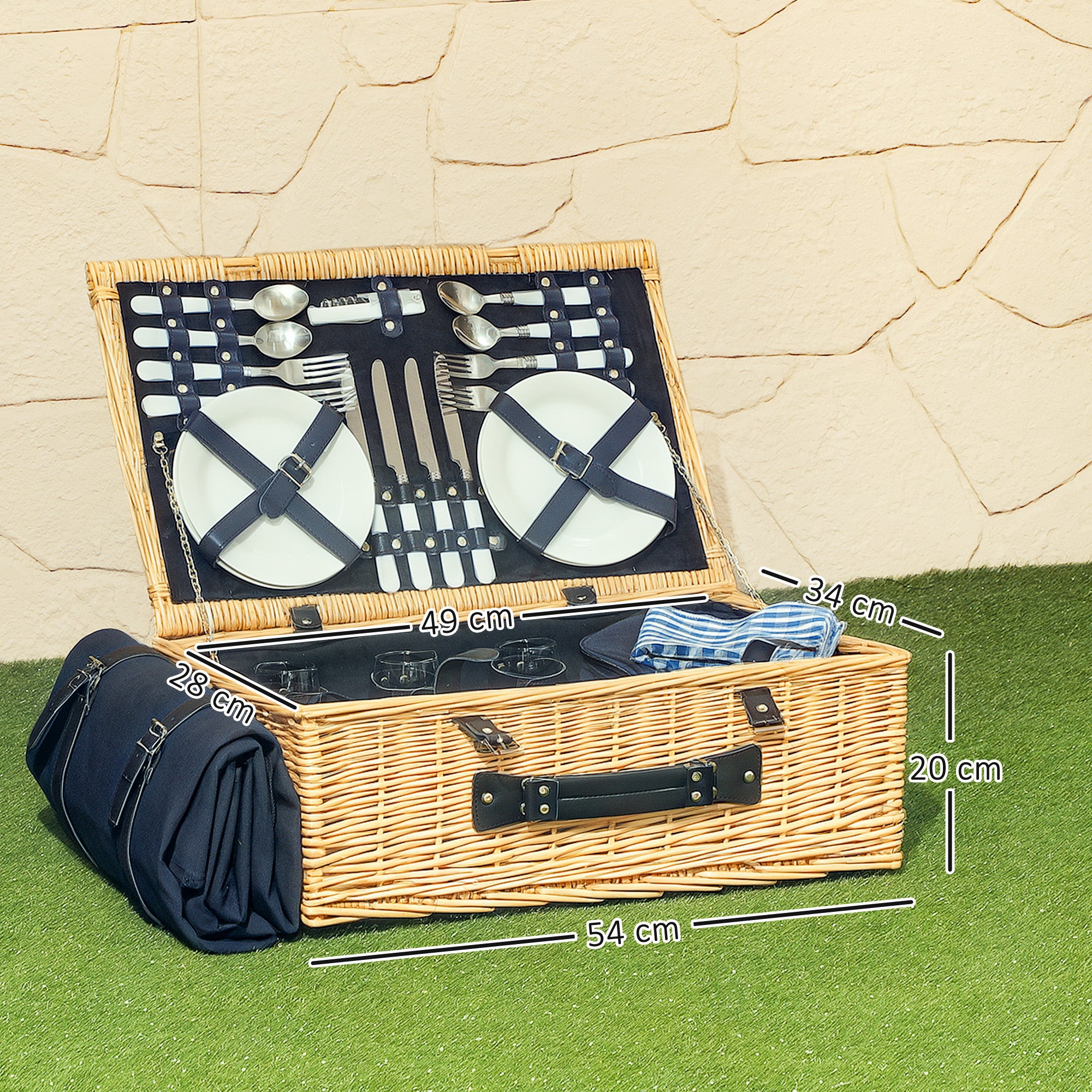 Willow Picnic Basket Set for 4 People with Insulated Cooler, Picnic Blanket, Cutlery Set, Complete Picnic Set for Camping Beach Christmas Natural Wood