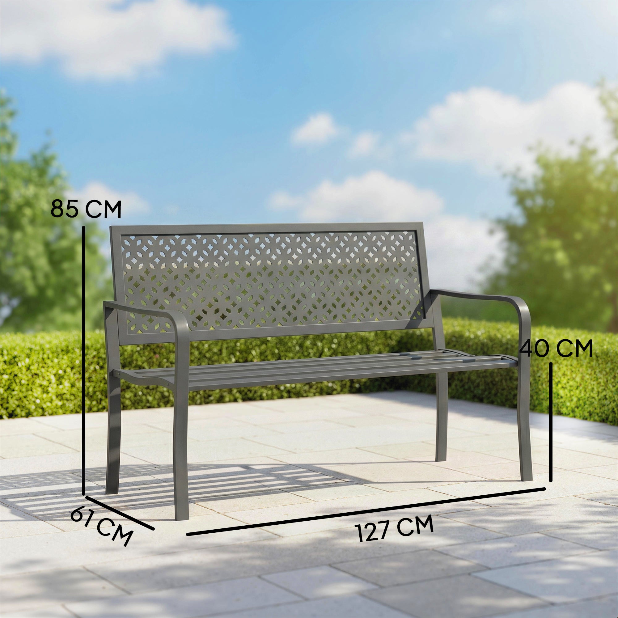 2-Seater Metal Garden Bench — Weatherproof Outdoor Bench with Rust-Resistant Louvered Steel Backrest, Geometric Design, Fits up to 529 lb, 50" x 24" x 33.5", Dark Gray