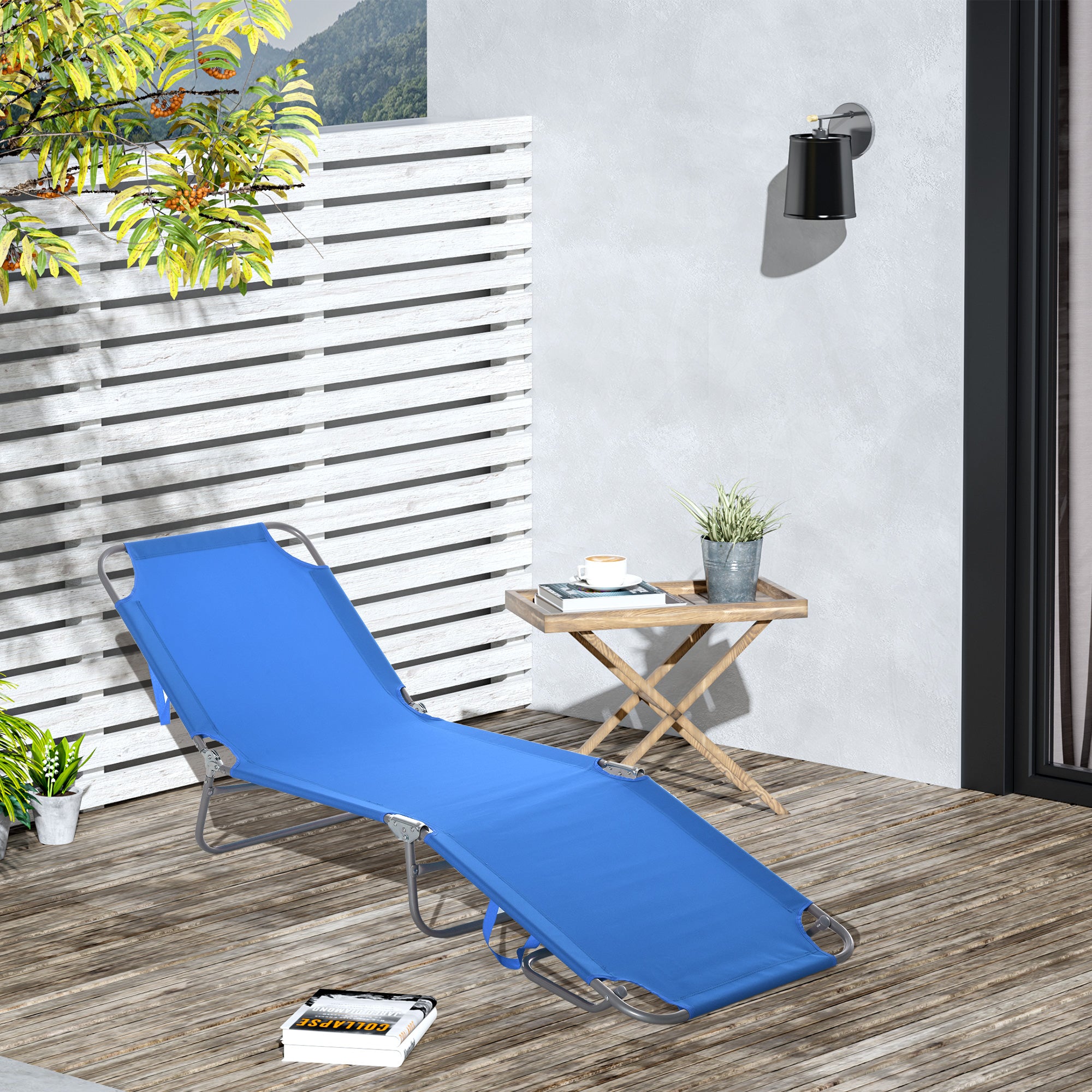 folding sun lounger garden lounger, sun lounger with 5-position adjustable backrest, weather-resistant camping lounger, garden chair loadable up to 120 kg, for garden vacation outdoor beach pool, blue