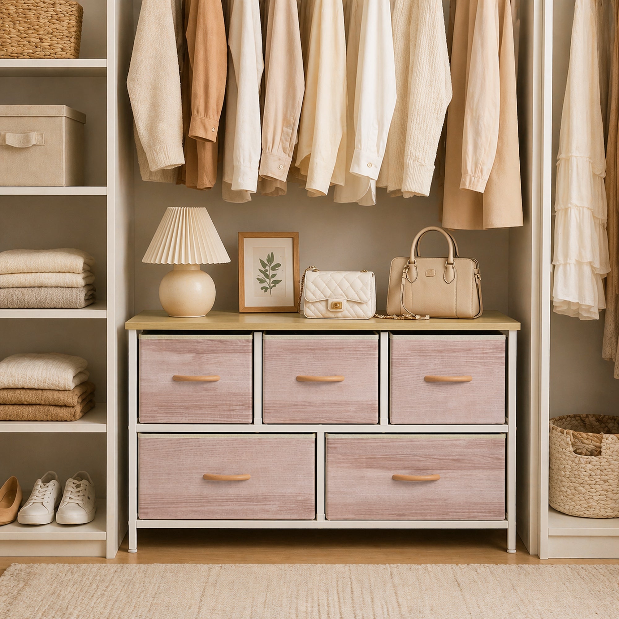 5-Drawer Fabric Dresser with Metal Frame — Bedroom, Living Room & Office Chest, Natural Wood/White