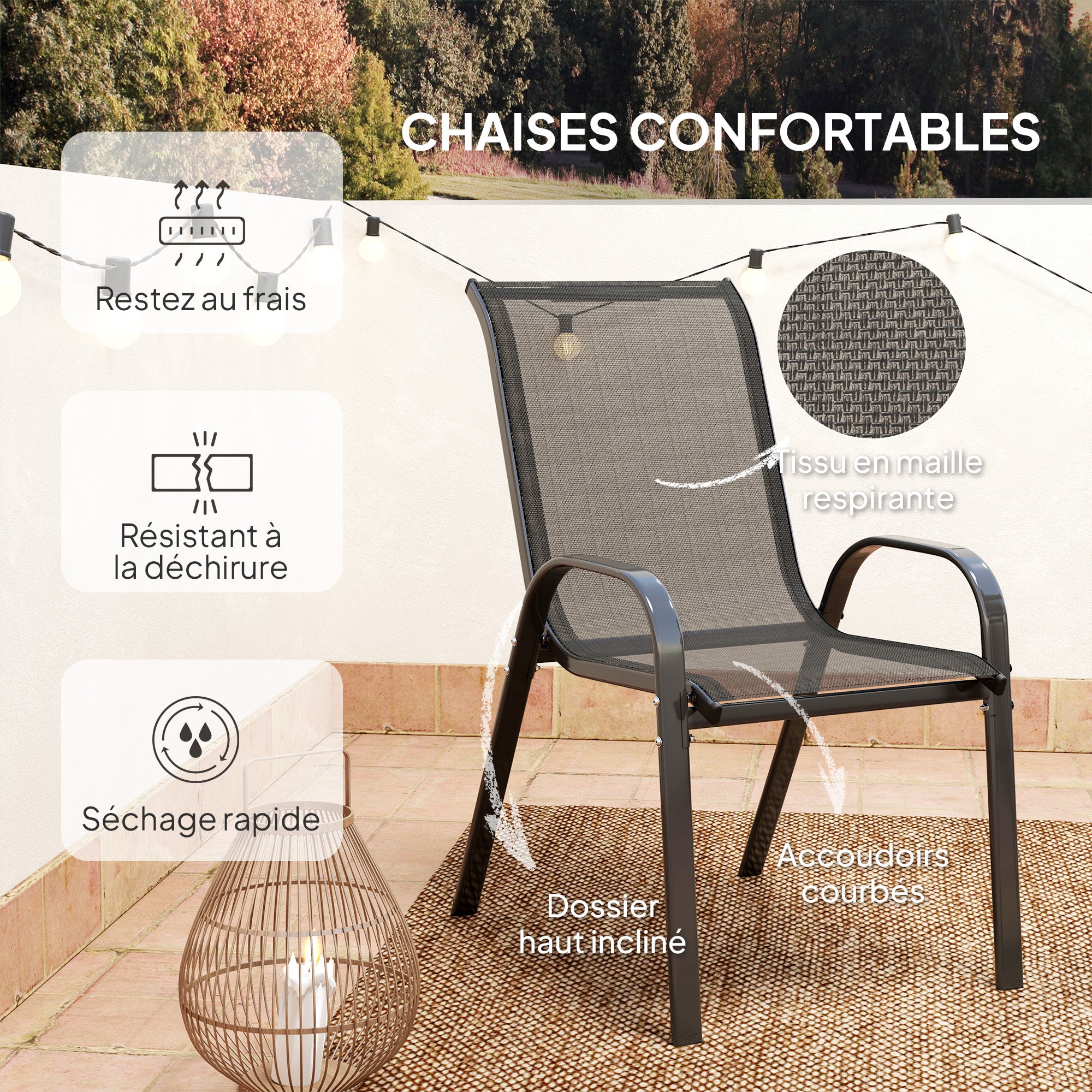 3-piece outdoor garden lounge, set of 2 stackable armchairs, coffee table with tempered glass top, textilene fabric, for patio, terrace, balcony, black