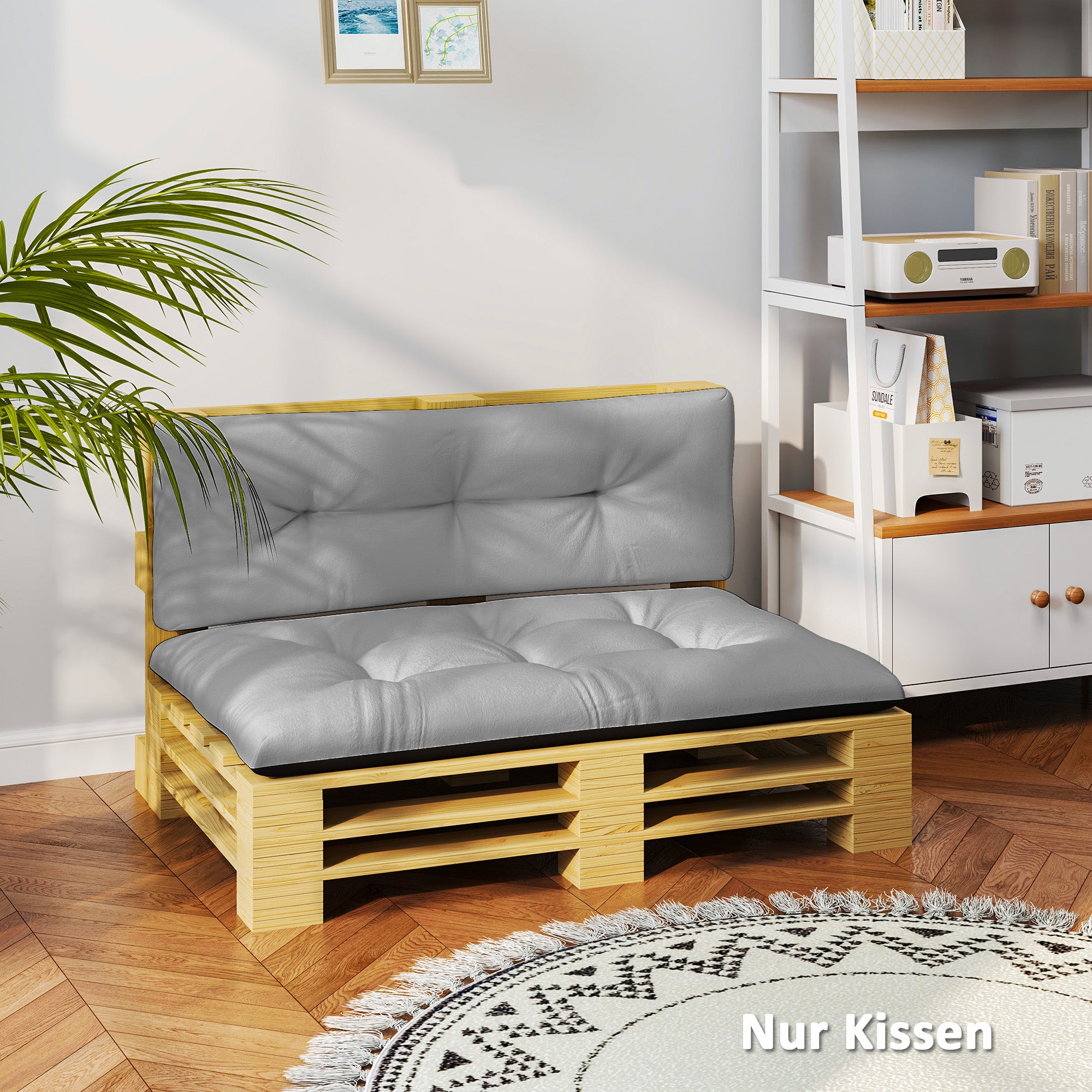 Pallet Cushions 2-Piece Set Water-Resistant Seat Cushion Pallet Pads with Tufted Design Backrest Outdoor Cushions Pallet Mattresses for Euro Pallets Pallet Sofa 120 x 77 x 10 cm Light Gray
