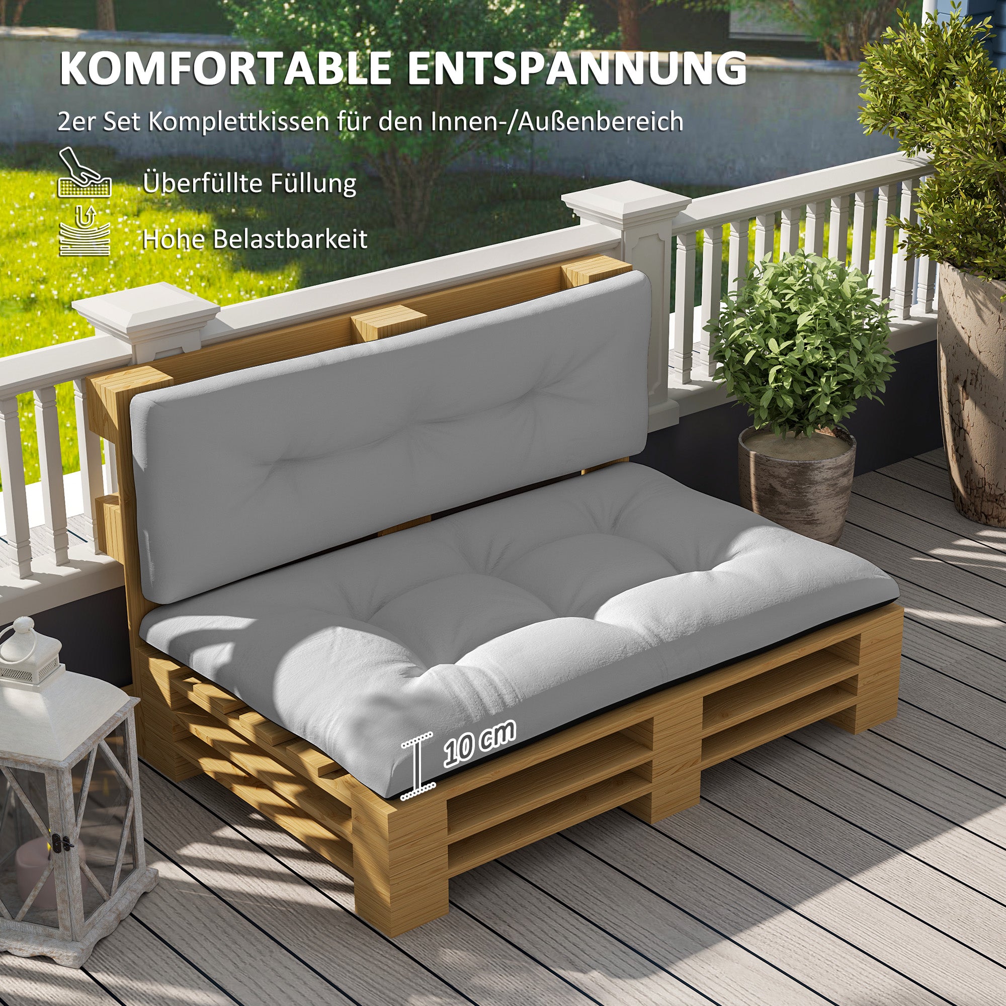 Pallet Cushions 2-Piece Set Water-Resistant Seat Cushion Pallet Pads with Tufted Design Backrest Outdoor Cushions Pallet Mattresses for Euro Pallets Pallet Sofa 120 x 77 x 10 cm Light Gray