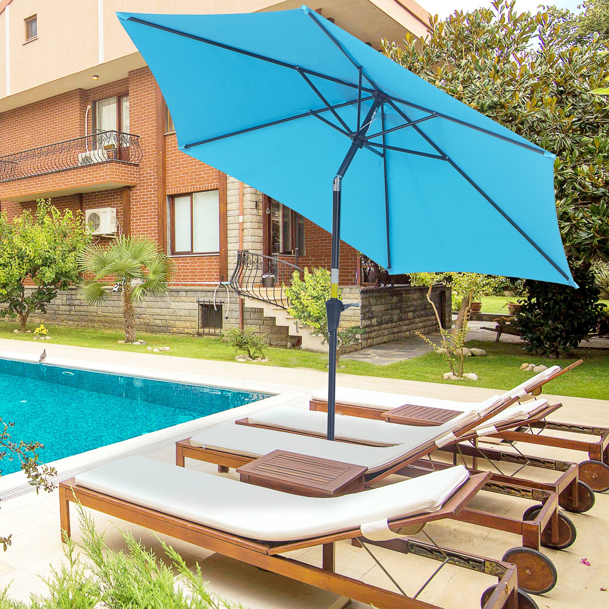 Garden Umbrella Ø2.6x2.35m Tiltable with Crank Handle, Outdoor Umbrella with 6 Aluminum Struts, Metal and Polyester 180g/㎡, Blue