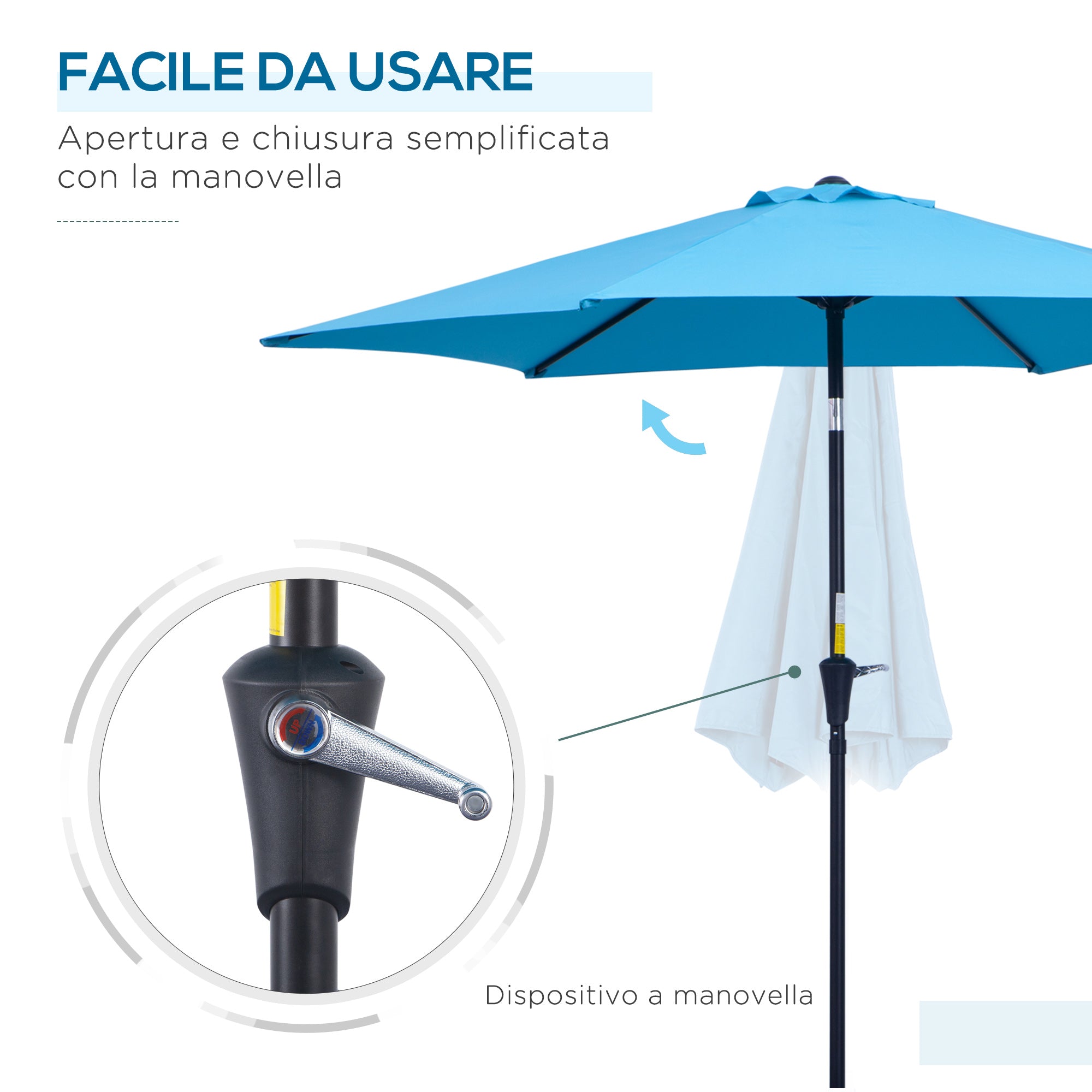 Garden Umbrella Ø2.6x2.35m Tiltable with Crank Handle, Outdoor Umbrella with 6 Aluminum Struts, Metal and Polyester 180g/㎡, Blue
