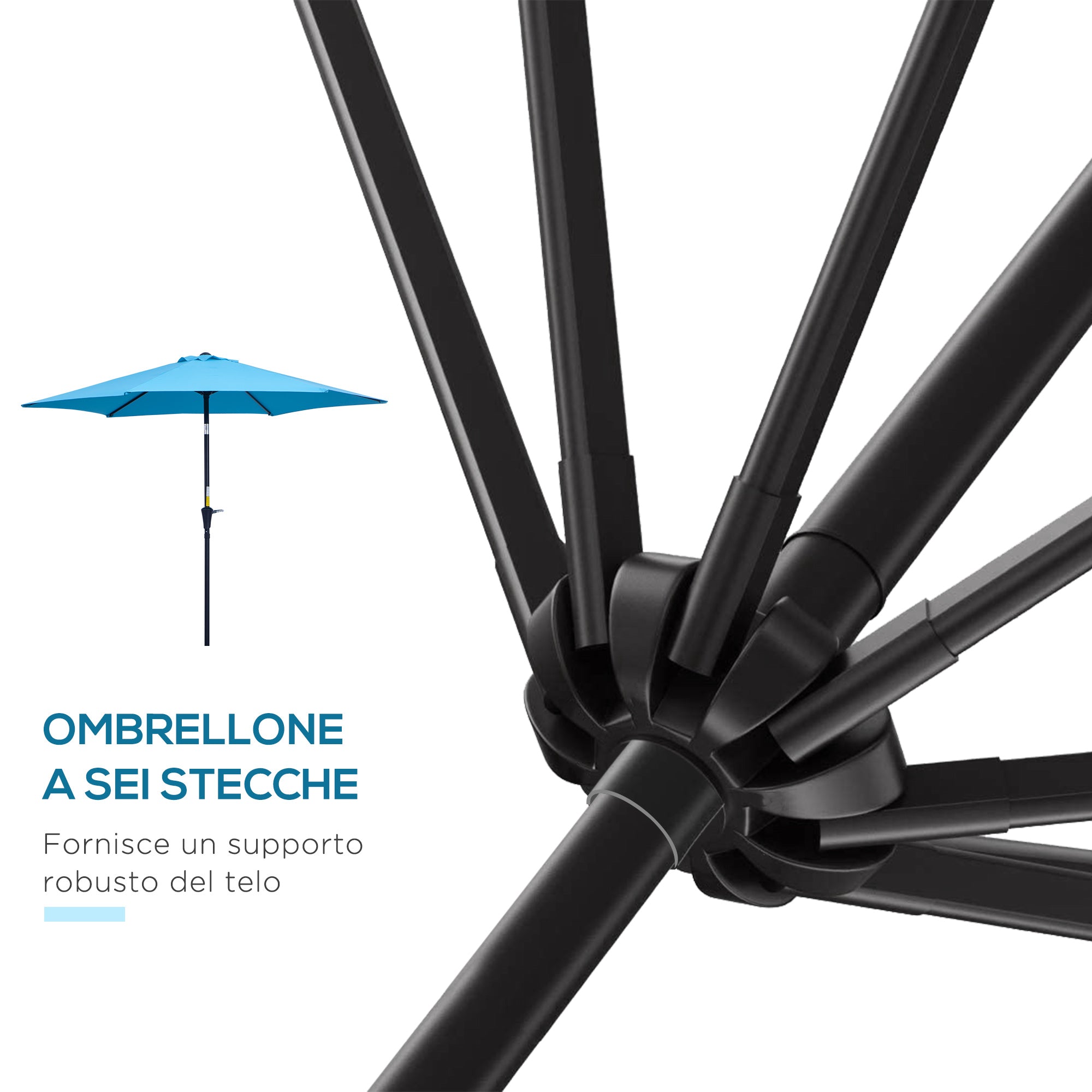 Garden Umbrella Ø2.6x2.35m Tiltable with Crank Handle, Outdoor Umbrella with 6 Aluminum Struts, Metal and Polyester 180g/㎡, Blue