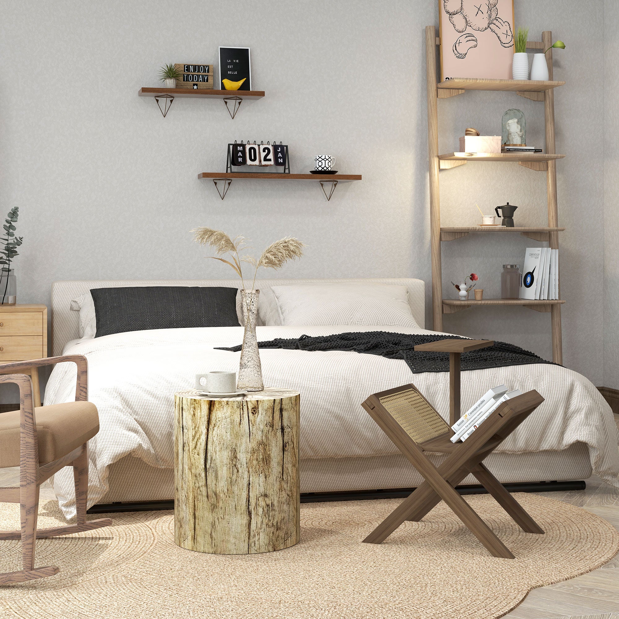 Side Table, Coffee Table in Tree Stump Design, Round Nightstand, Side Table for Living Room, Garden, Natural, Ø37 x 43 cm