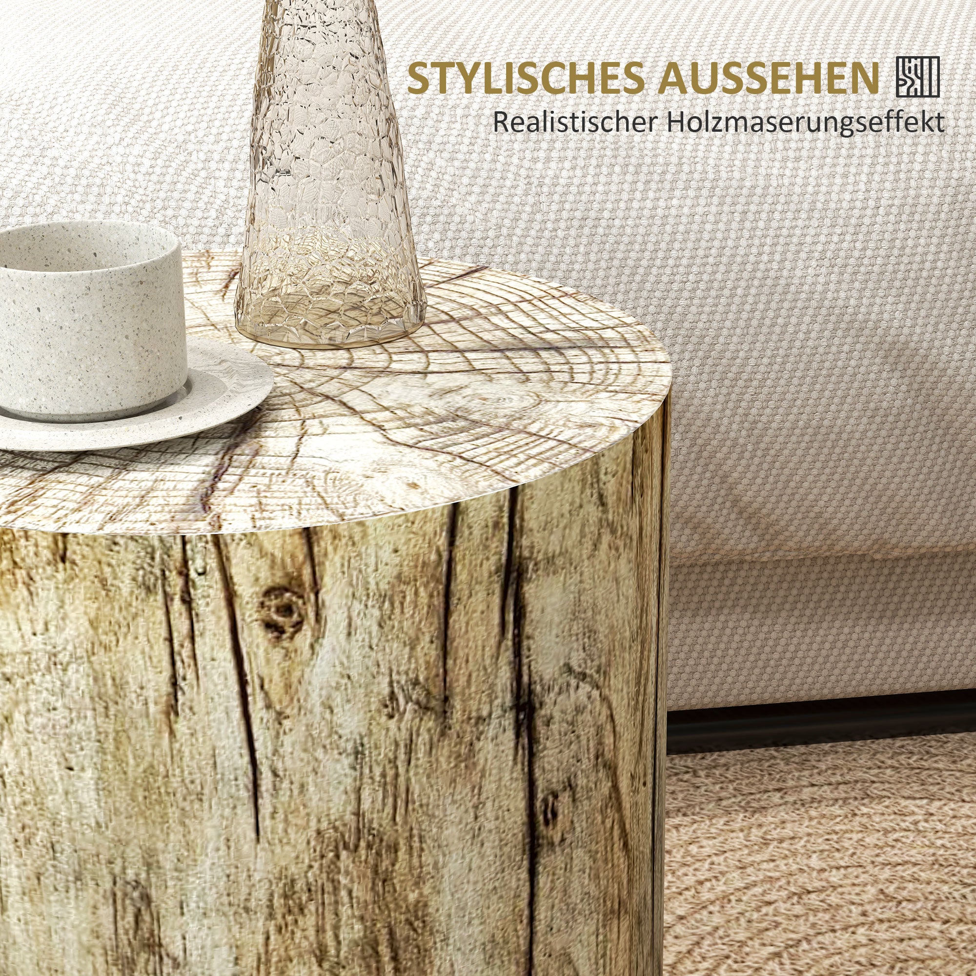 Side Table, Coffee Table in Tree Stump Design, Round Nightstand, Side Table for Living Room, Garden, Natural, Ø37 x 43 cm