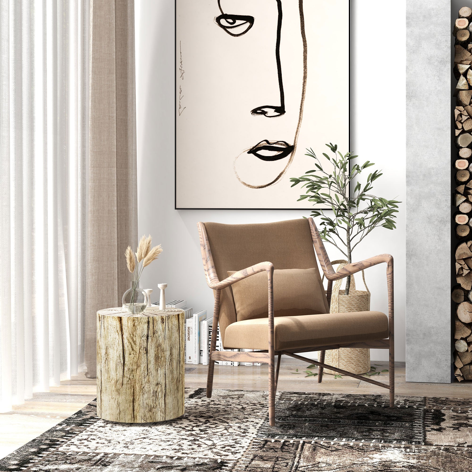 Side Table, Coffee Table in Tree Stump Design, Round Nightstand, Side Table for Living Room, Garden, Natural, Ø37 x 43 cm