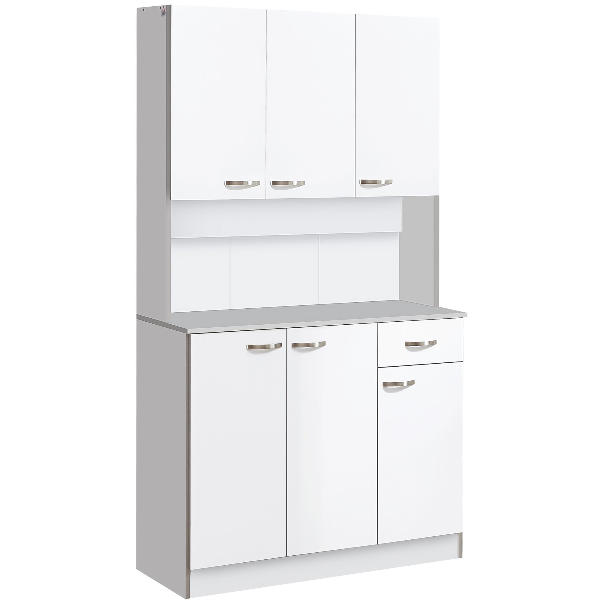 Contemporary kitchen buffet cabinet multi-storage 6 doors 1 drawer + large worktop dim. 101L x 39W x 180H cm in white gray wood