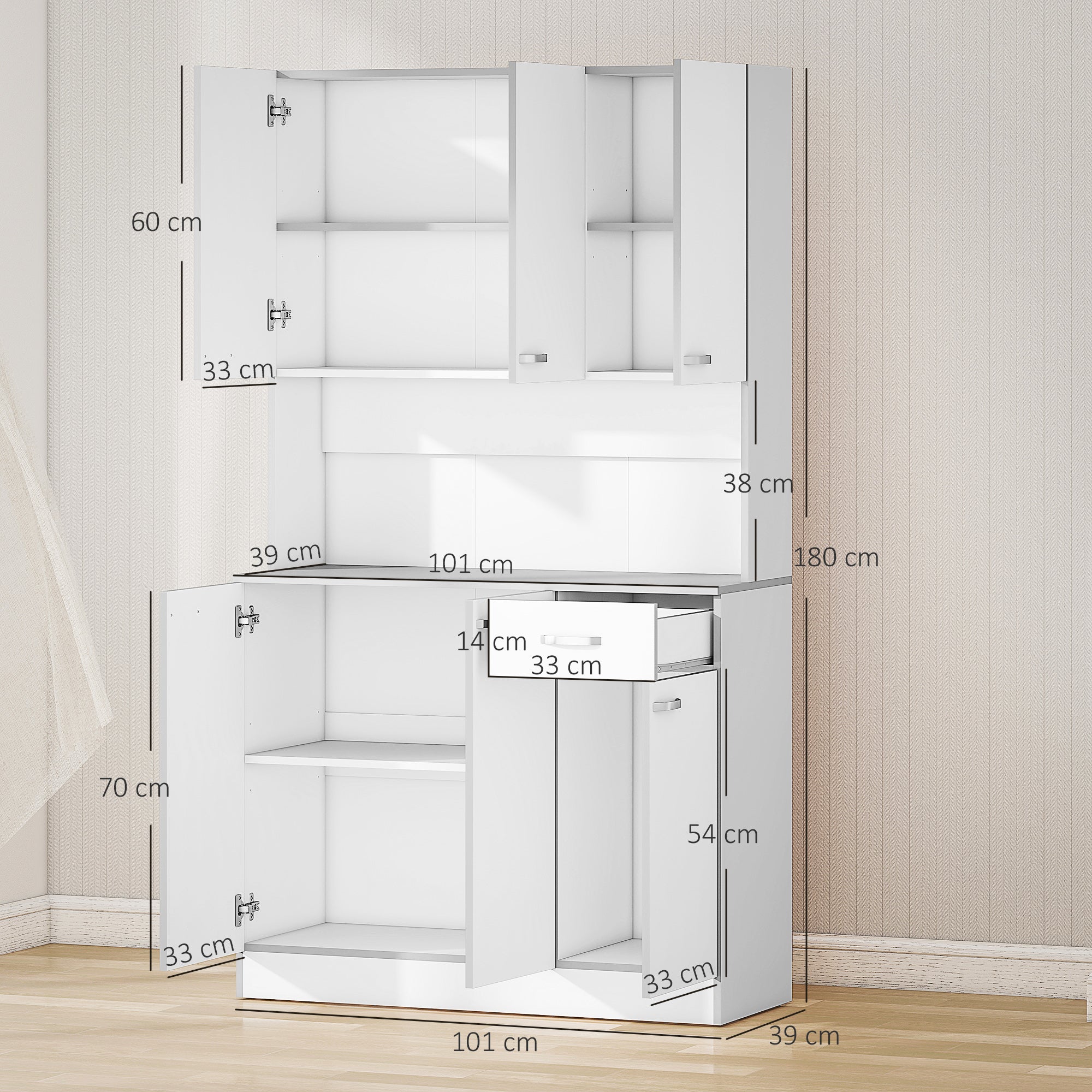 Contemporary kitchen buffet cabinet multi-storage 6 doors 1 drawer + large worktop dim. 101L x 39W x 180H cm in white gray wood