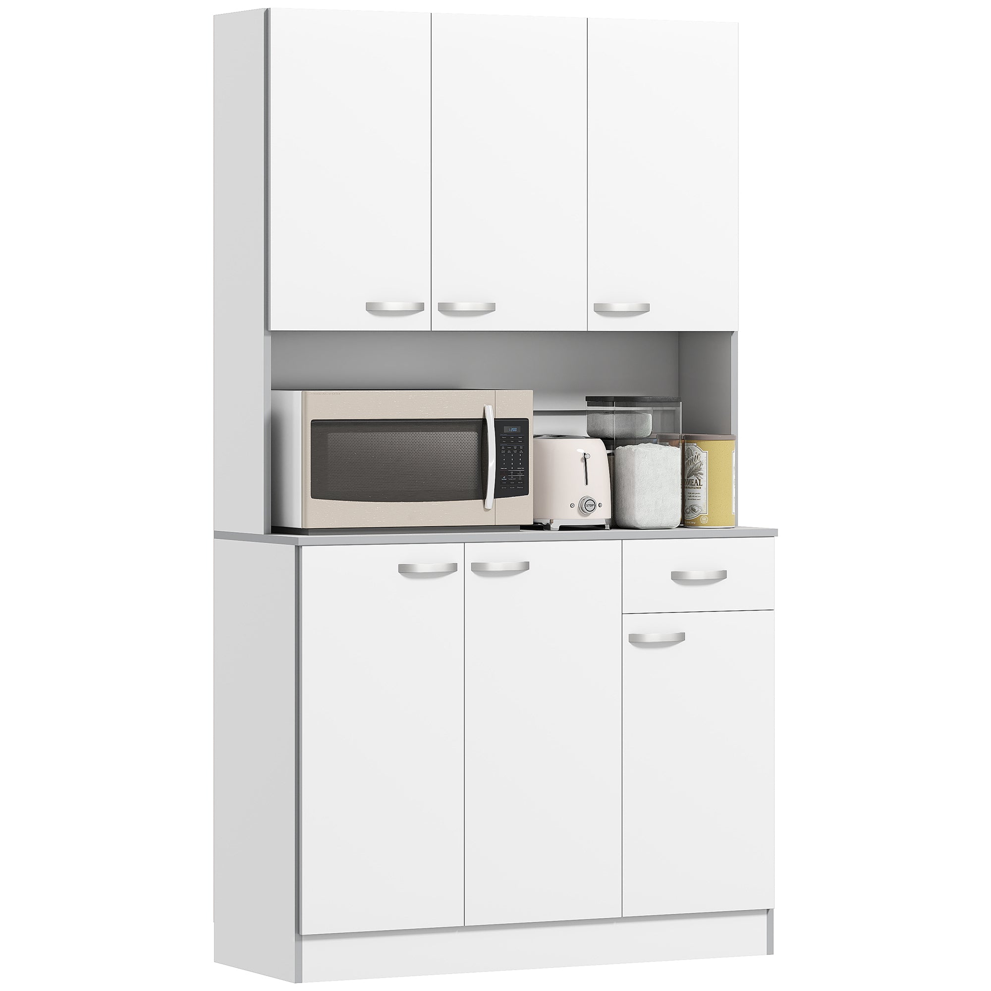 Contemporary kitchen buffet cabinet multi-storage 6 doors 1 drawer + large worktop dim. 101L x 39W x 180H cm in white gray wood