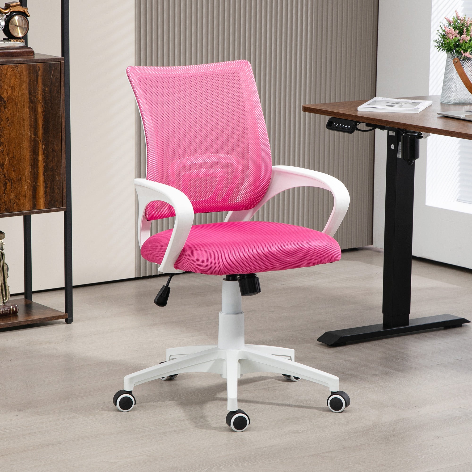 Mesh Office Chair Swivel Desk Chair with Adjustable Height Rocking Function Lumbar Support and Armrests Chair for Study Load 120 kg Pink