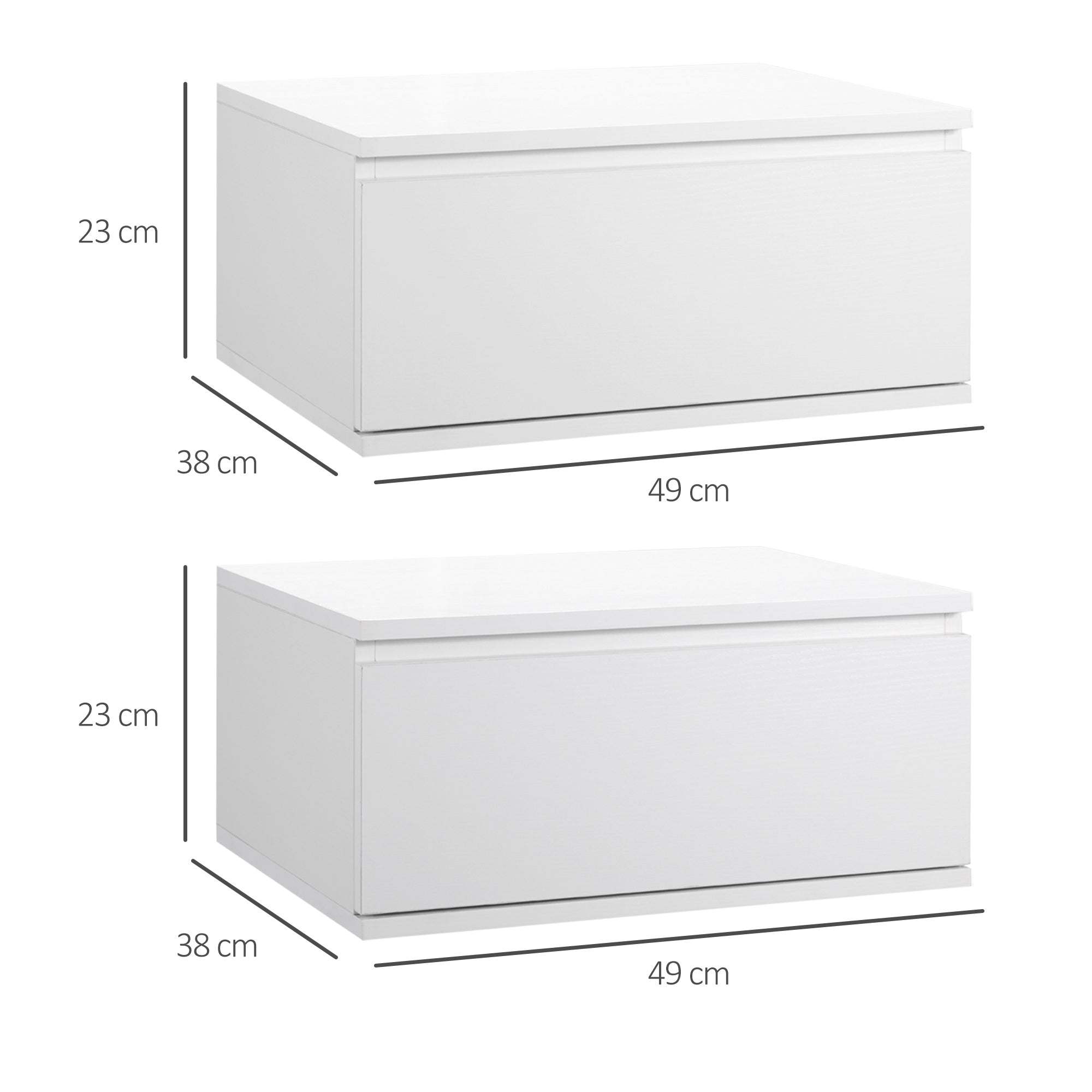 Set of 2 Modern Bedside Tables with Drawer and Suspended Design for Bedroom and Living Room, in Chipboard and MDF, 49x38x23cm, White