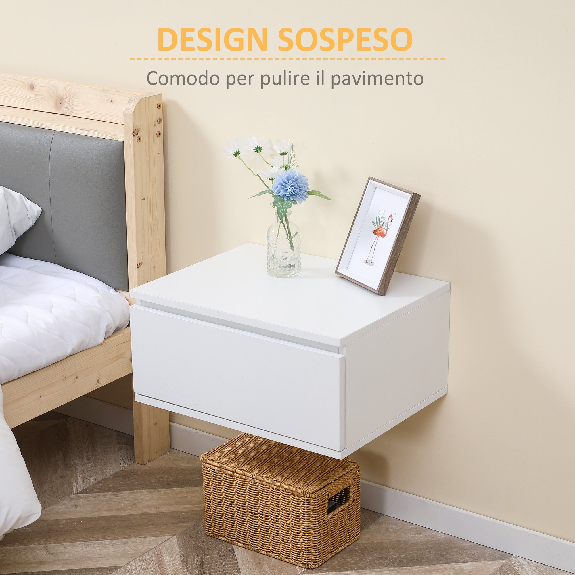 Set of 2 Modern Bedside Tables with Drawer and Suspended Design for Bedroom and Living Room, in Chipboard and MDF, 49x38x23cm, White