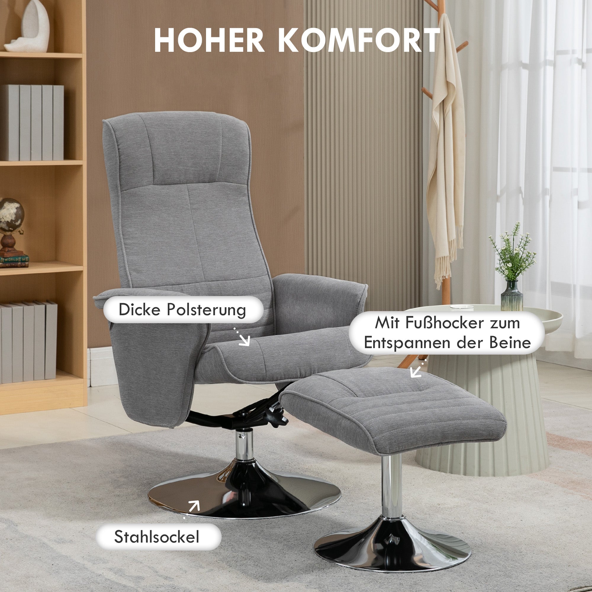 Reclining Chair with Footrest, 360° Swivel TV Chair with Reclining Function Upholstered TV Chair with Velvet Look for Living Room, Grey