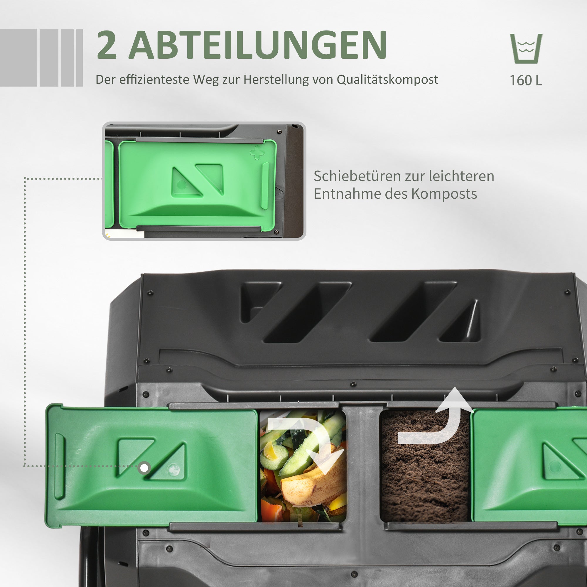 Composter 160L, 71cm x 65cm x 96cm Rotatable Quick Composter made of Plastic, Thermocomposter with 2 Chambers, for Organic and Garden Waste, Black