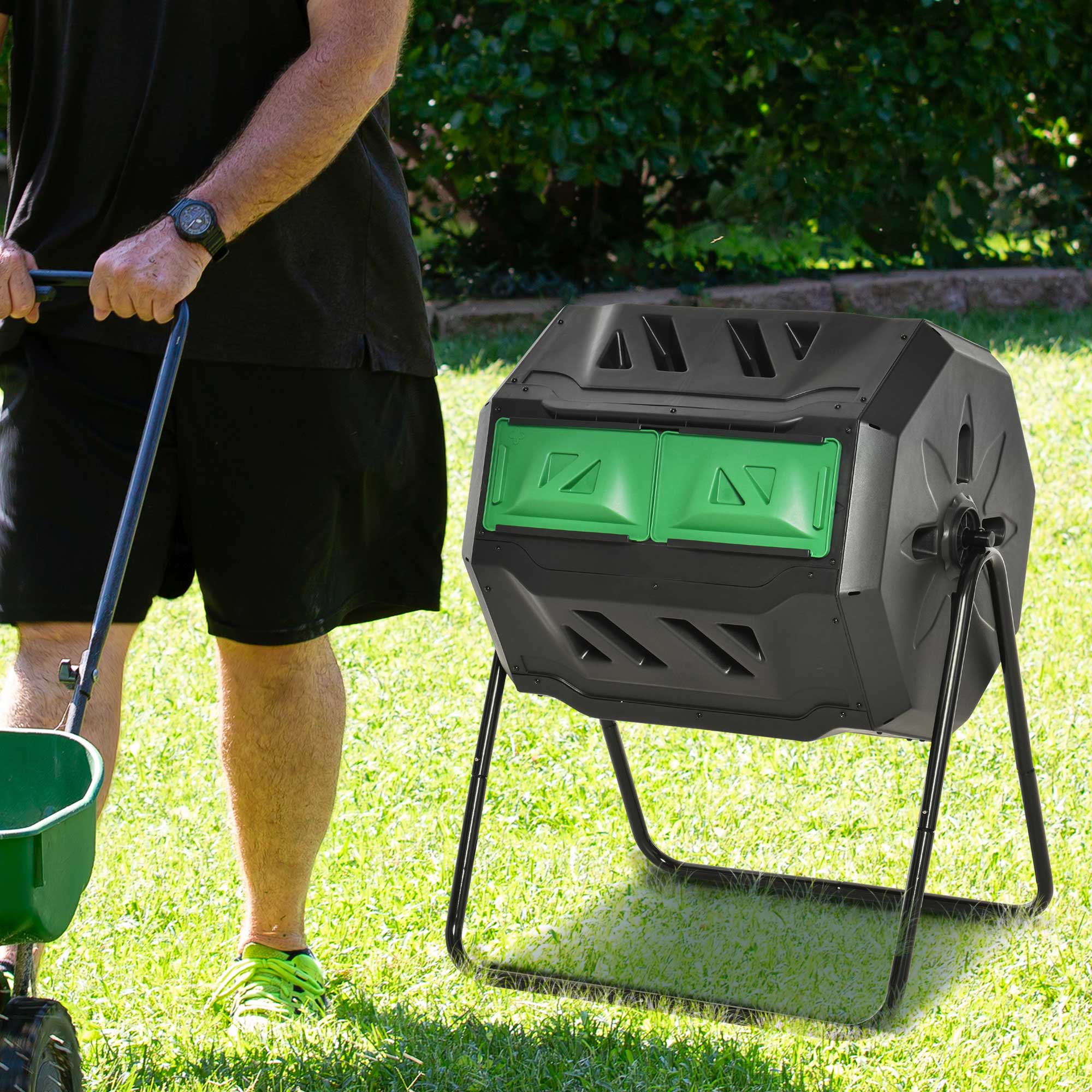 Composter 160L, 71cm x 65cm x 96cm Rotatable Quick Composter made of Plastic, Thermocomposter with 2 Chambers, for Organic and Garden Waste, Black