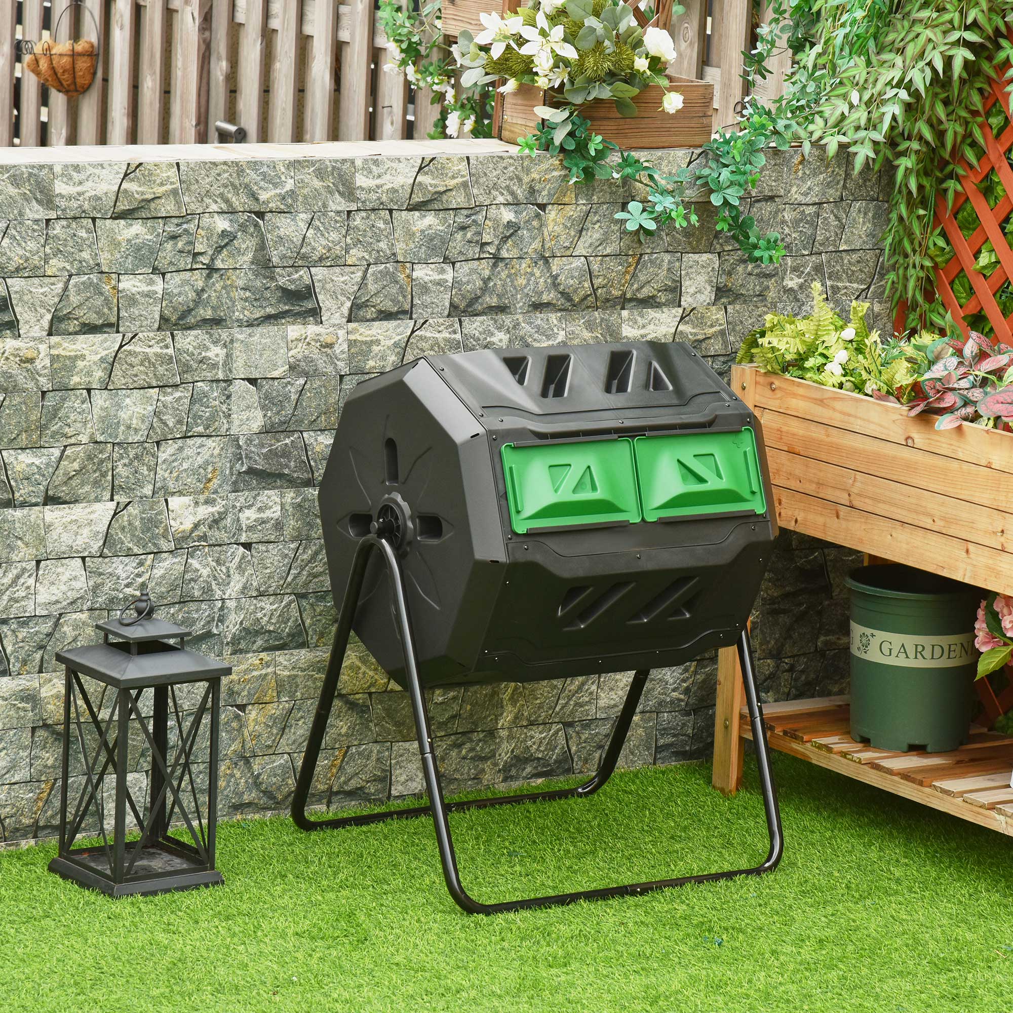 Composter 160L, 71cm x 65cm x 96cm Rotatable Quick Composter made of Plastic, Thermocomposter with 2 Chambers, for Organic and Garden Waste, Black
