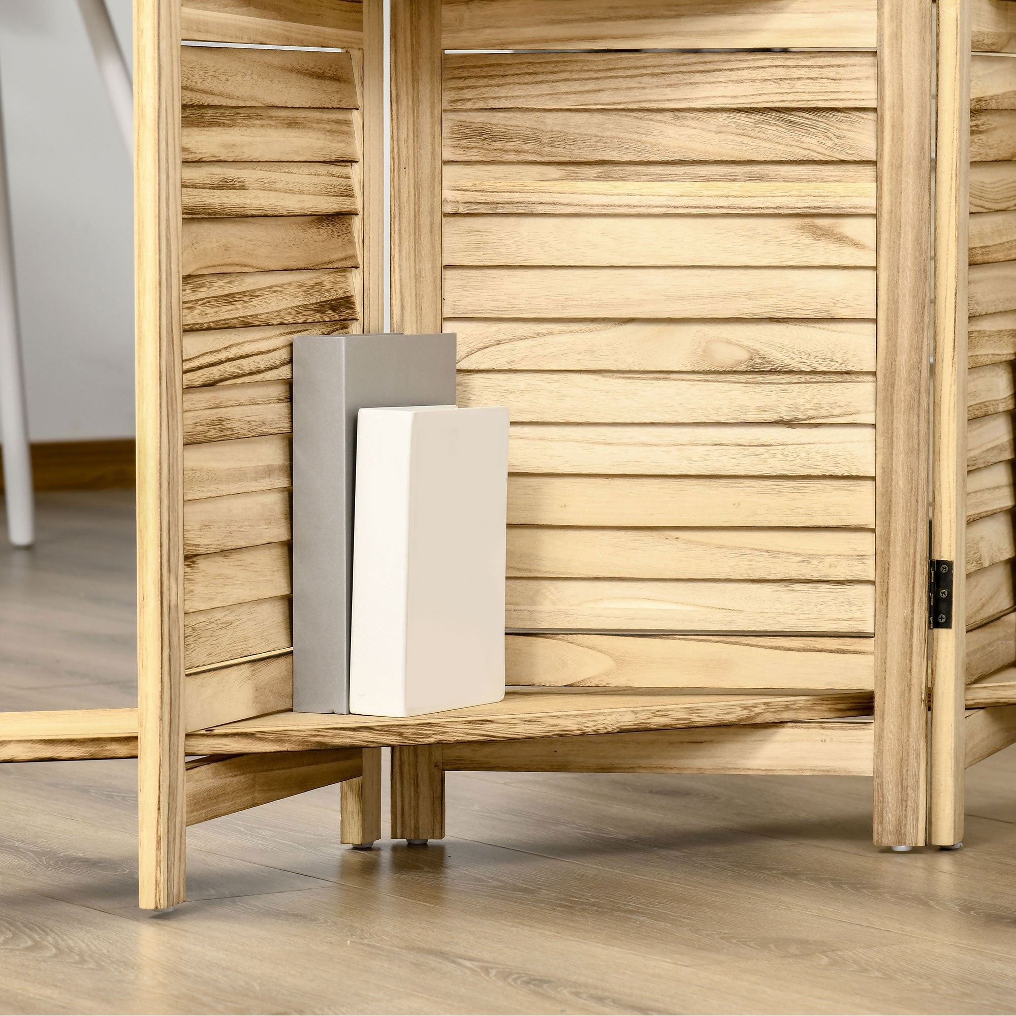 Indoor Room Divider 4 Panels 162L x 170H cm 3 Shelves Foldable Room Separator Louvred Doors Natural Paulownia Wood