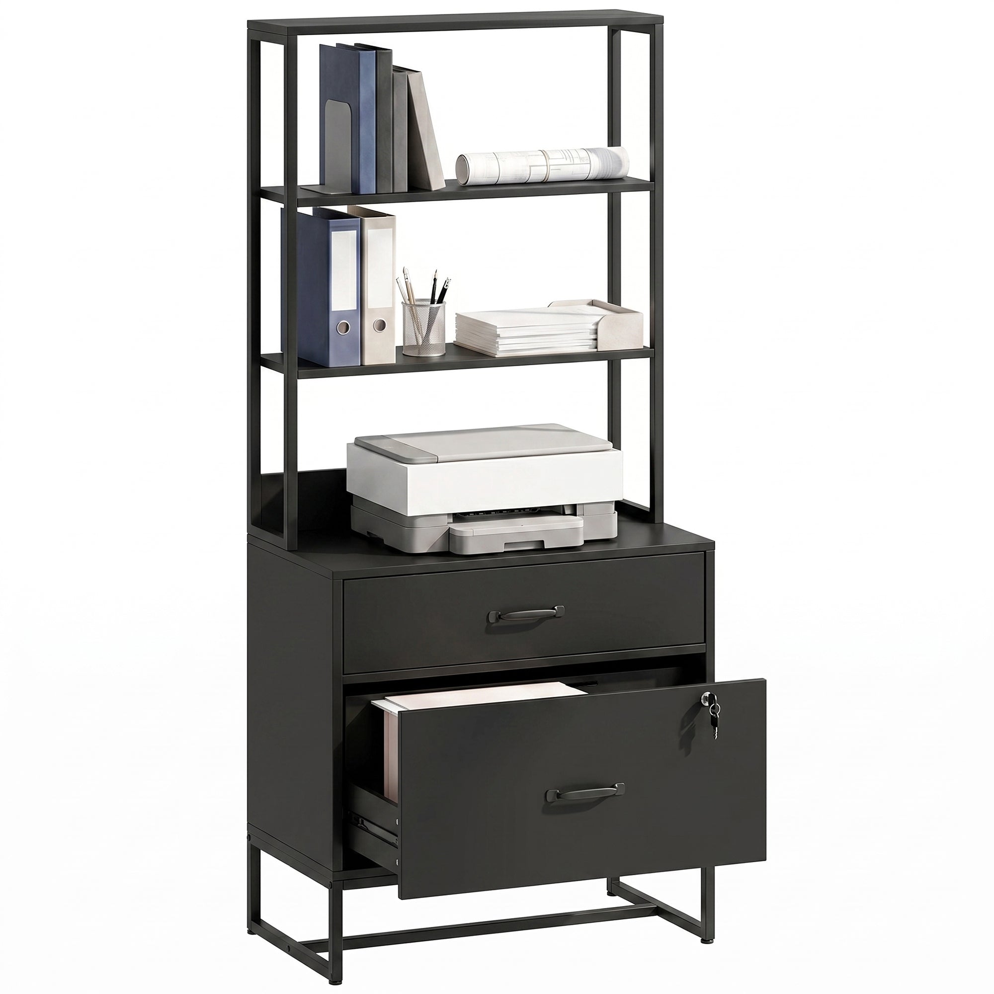 Filing Cabinet Office Storage with Bookshelf for A4, Letter & Legal Files, 2 Drawers, Printer Stand, Black