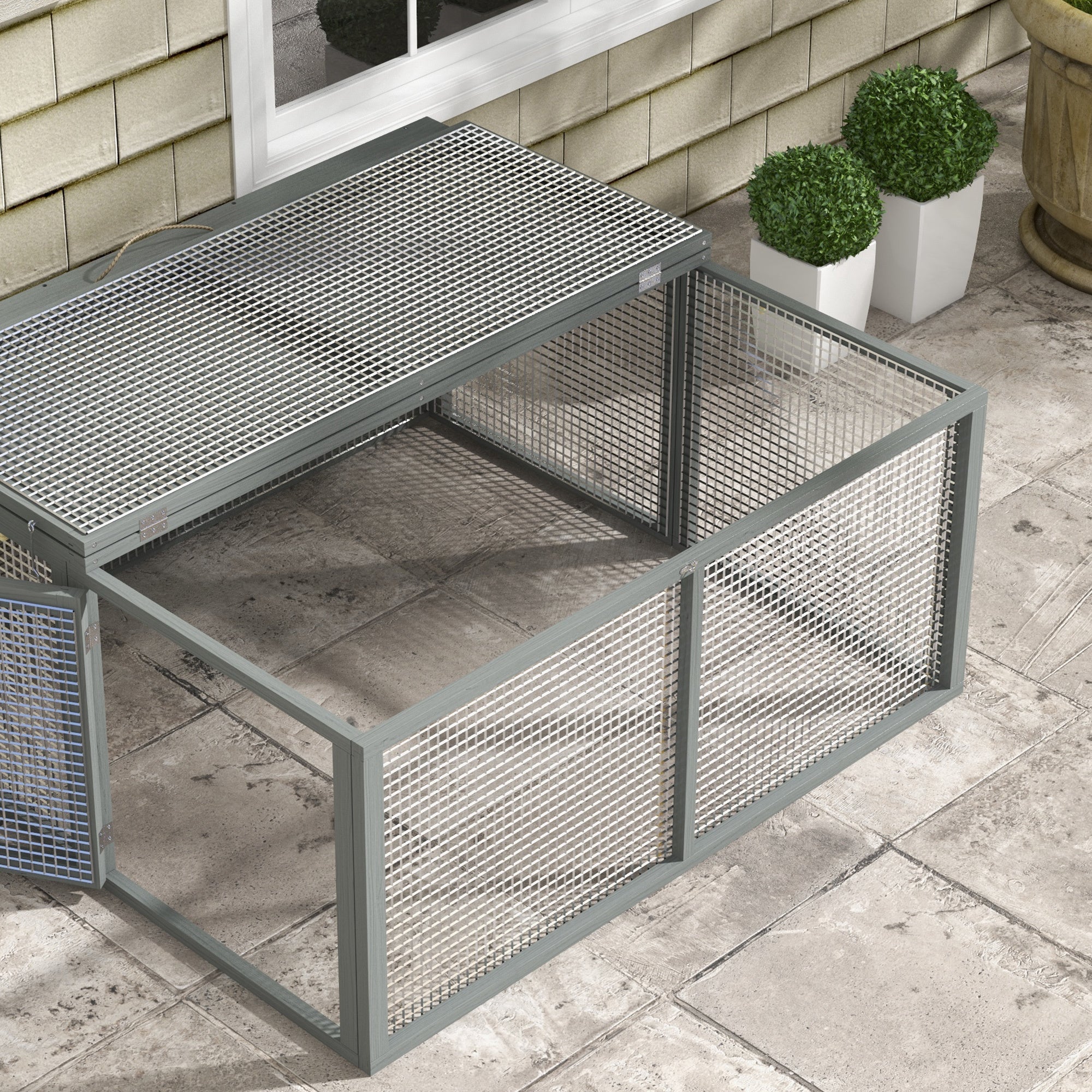 Rabbit Hutch for Dwarf Rabbits made of Wood, Foldable Small Animal Hutch with Outdoor Run, Rabbit Hutch with Folding Roof Handle for Guinea Pigs, Gray, 110 x 105 x 50 cm
