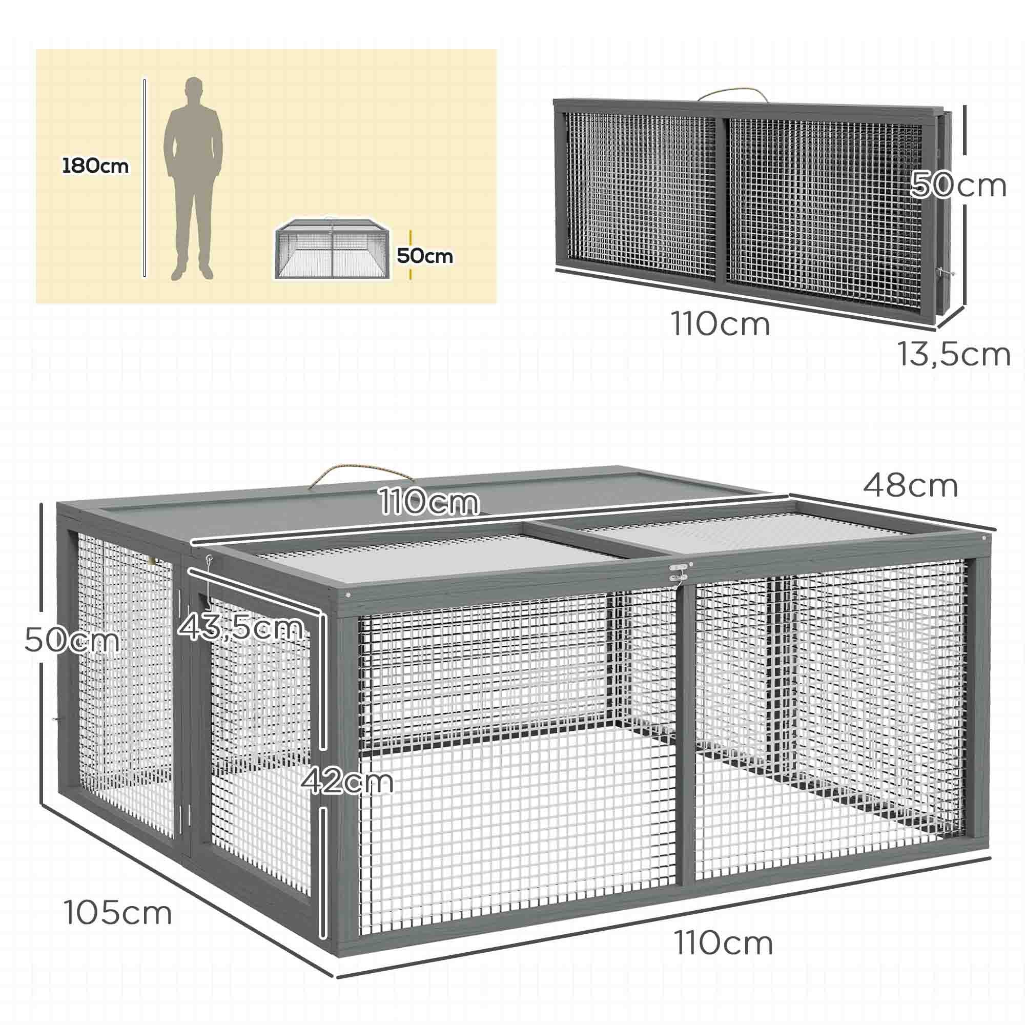 Rabbit Hutch for Dwarf Rabbits made of Wood, Foldable Small Animal Hutch with Outdoor Run, Rabbit Hutch with Folding Roof Handle for Guinea Pigs, Gray, 110 x 105 x 50 cm