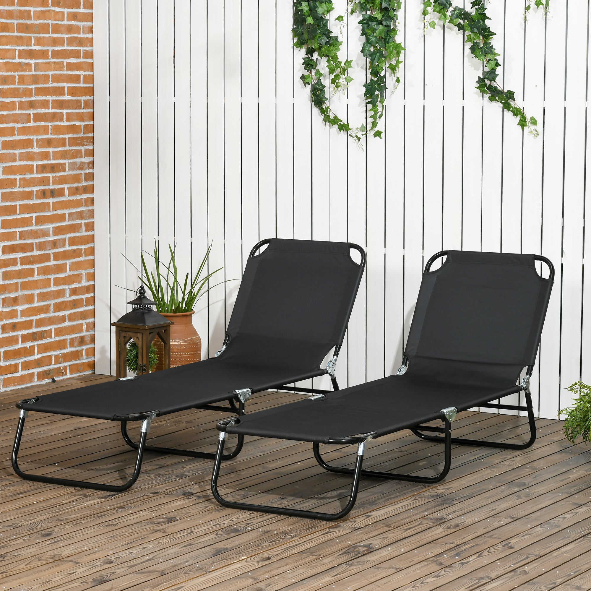 2-Pack Folding Sun Lounger — 5-Position Adjustable Backrest, Weather-Resistant, Black