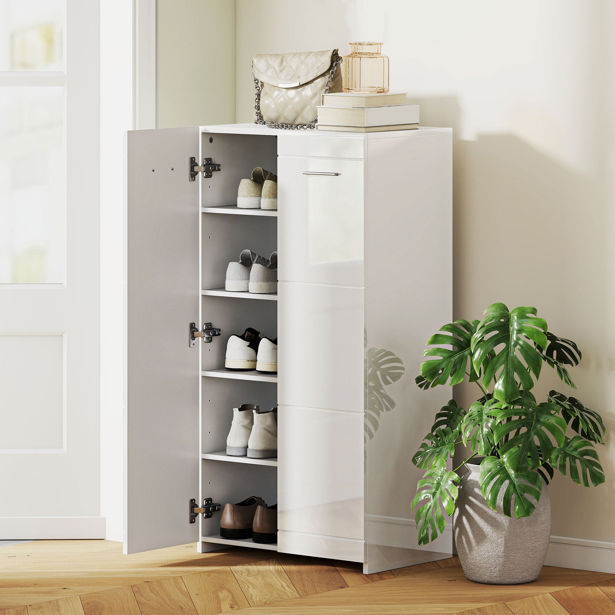 Shoe Cabinet, 2-Door 5-Tier Shoe Storage with Adjustable Shelves, Holds 10 Pairs, High-Gloss White, 21.7 x 14.2 x 42.5 in (55 x 36 x 108 cm)