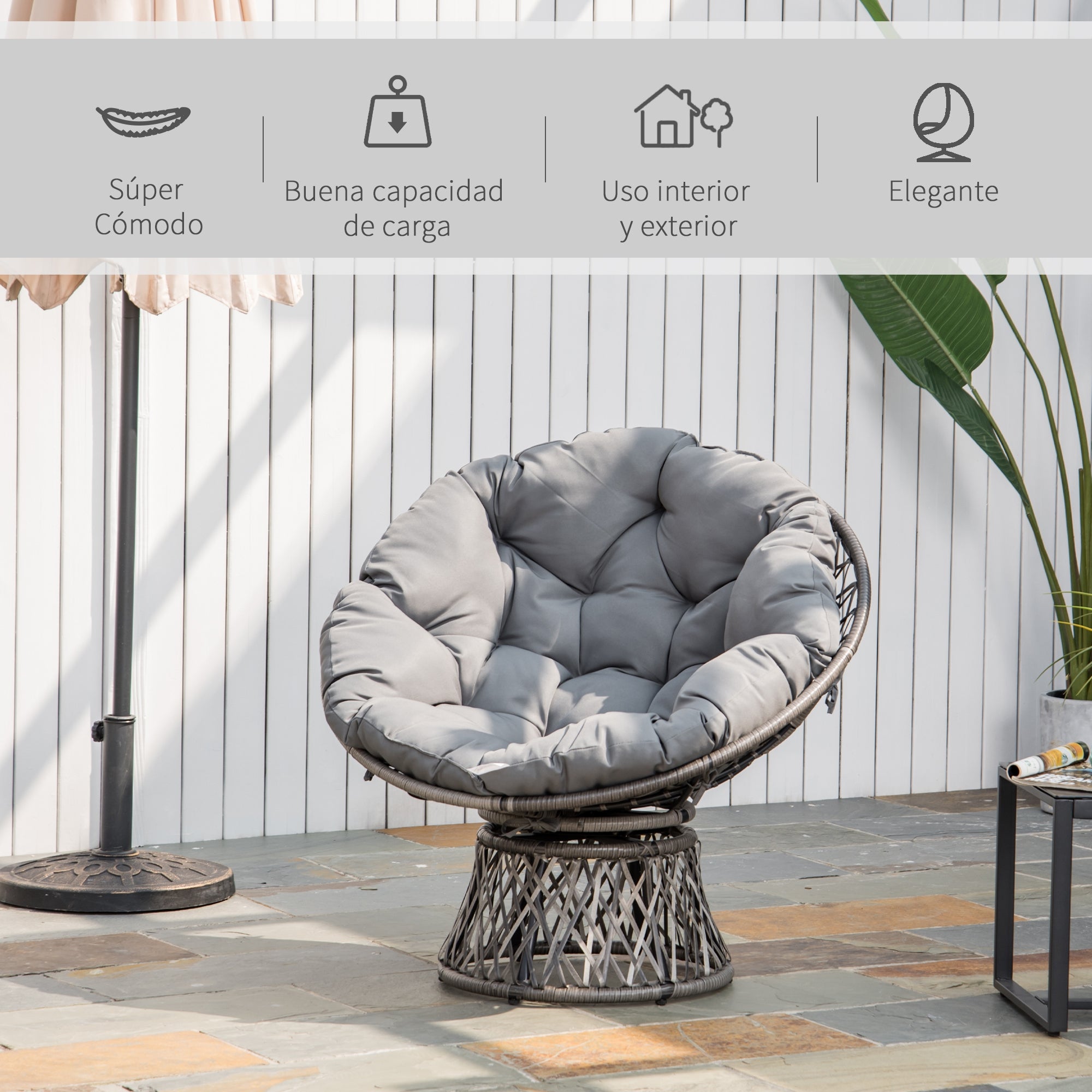 Synthetic Rattan Swivel Papasan Chair Oval Wicker PE Chair with Cushion and Steel Frame Load 160 kg for Garden Patio Terrace 87x97x86 cm Gray