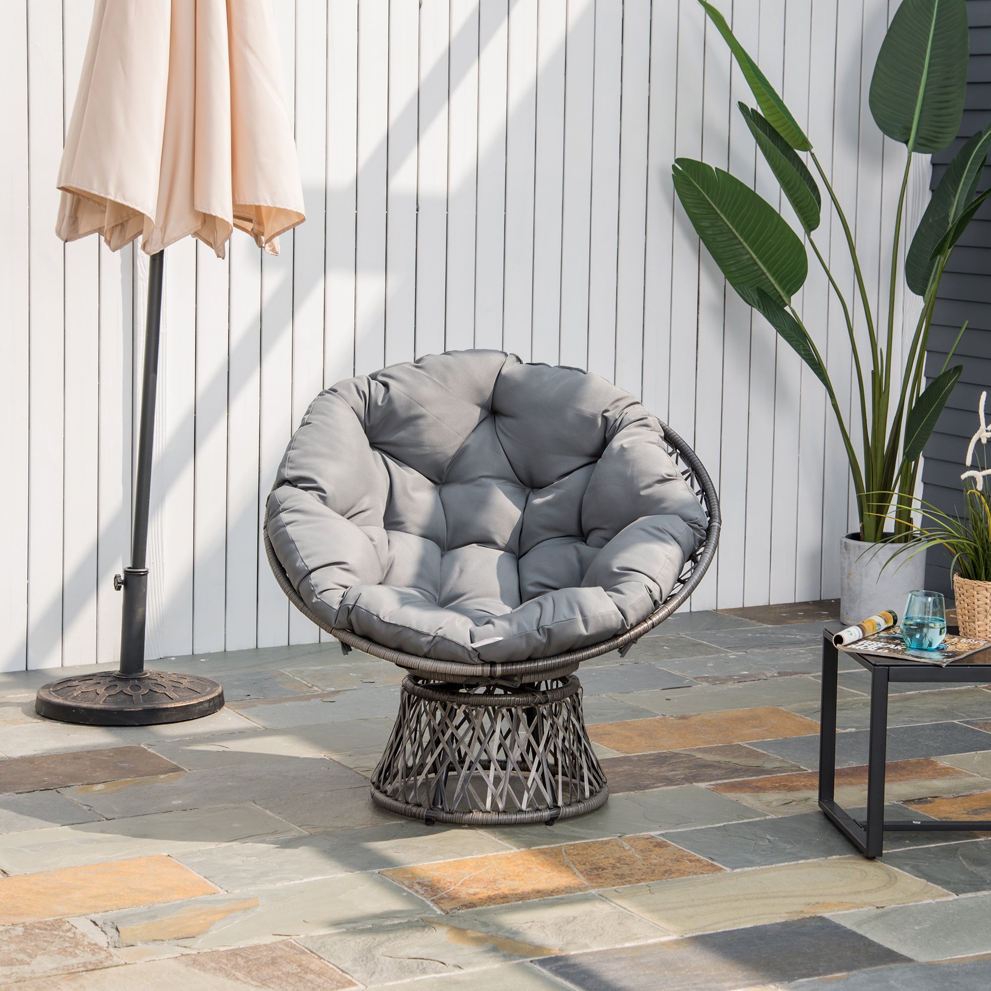 Synthetic Rattan Swivel Papasan Chair Oval Wicker PE Chair with Cushion and Steel Frame Load 160 kg for Garden Patio Terrace 87x97x86 cm Gray
