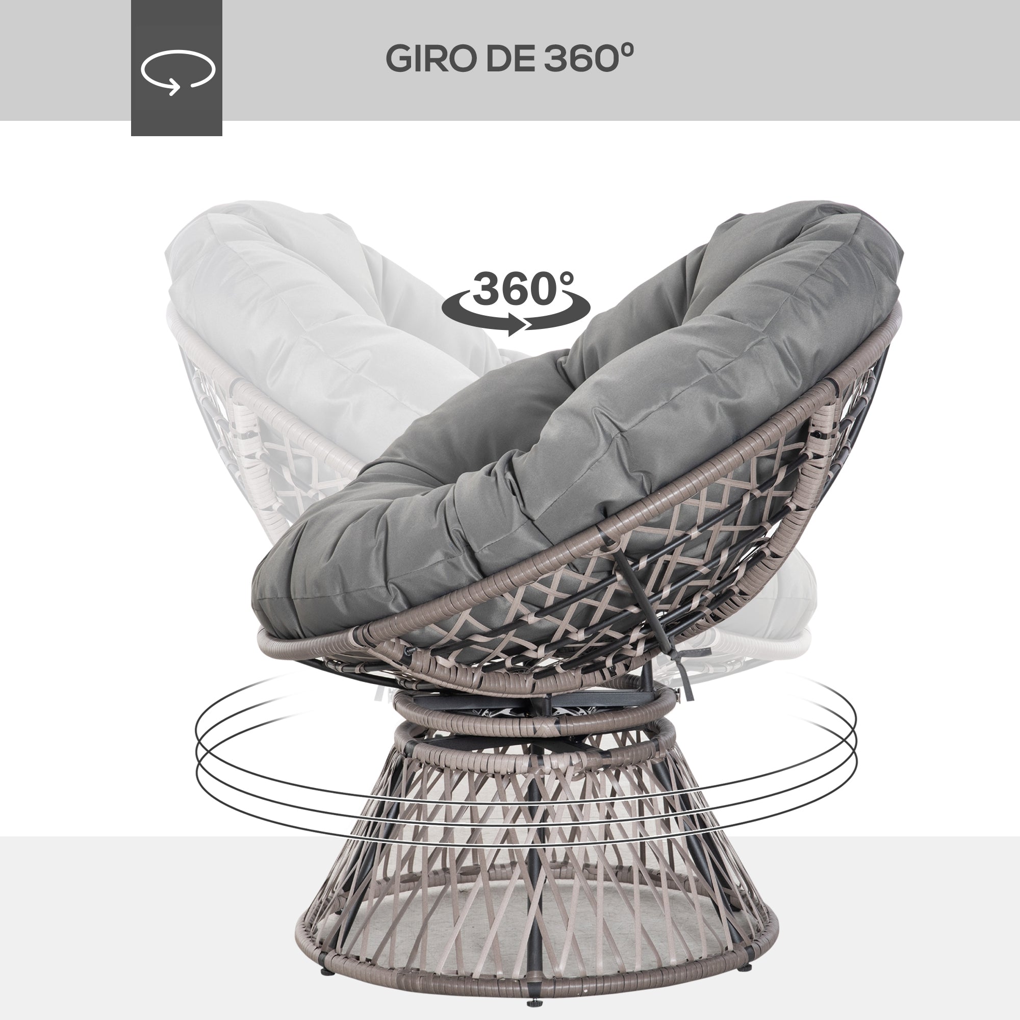 Synthetic Rattan Swivel Papasan Chair Oval Wicker PE Chair with Cushion and Steel Frame Load 160 kg for Garden Patio Terrace 87x97x86 cm Gray