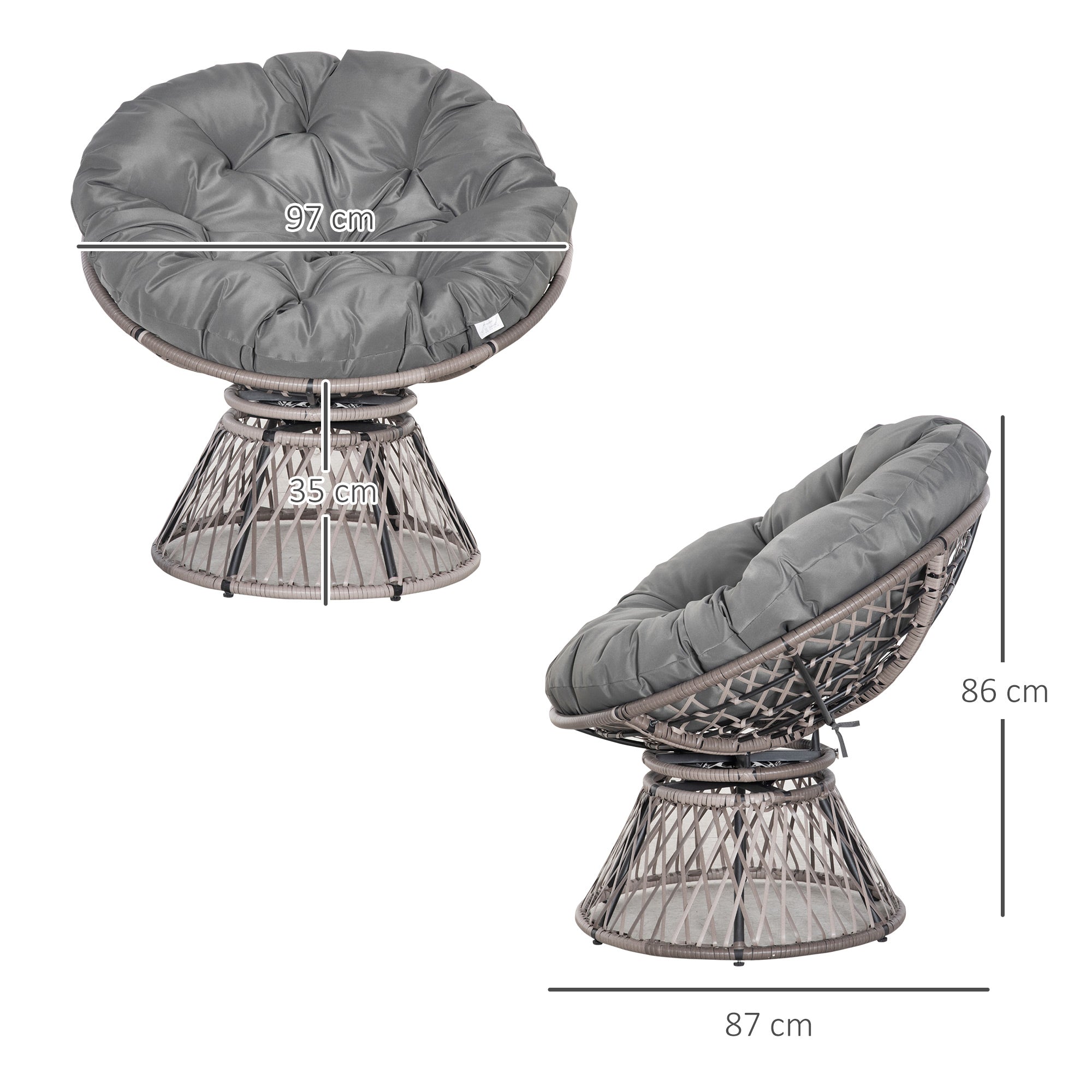 Synthetic Rattan Swivel Papasan Chair Oval Wicker PE Chair with Cushion and Steel Frame Load 160 kg for Garden Patio Terrace 87x97x86 cm Gray