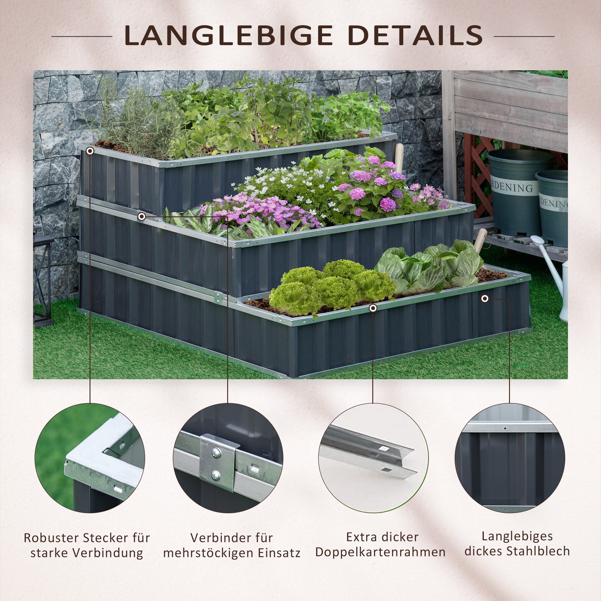 Steel Raised Garden Bed 3-Tier Garden Planter with T-Shape Plant Markers Gloves Planting Bed Herb Bed Flower Steps for Balcony Garden Dark Gray 118 x 118 x 62 cm