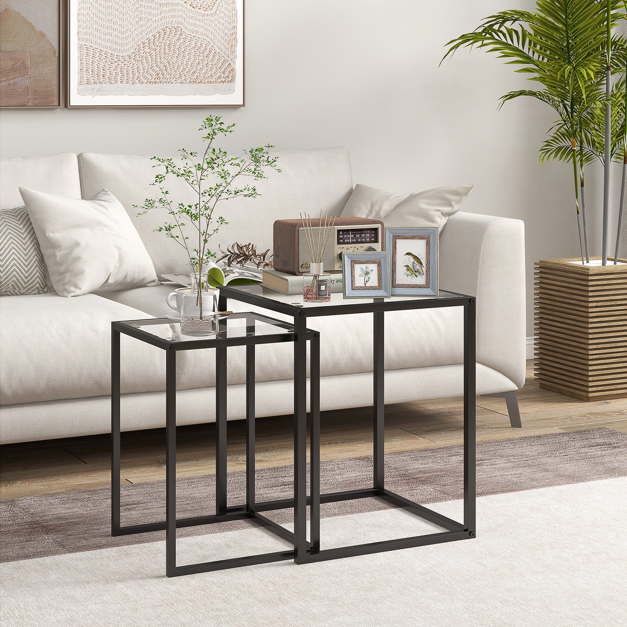 Set of 2 Square Side Tables Stackable Coffee Table Set with Tempered Glass Top and Steel Frame for Living Room 13x13x17.9 inches and 16.5x16.5x20 inches Black