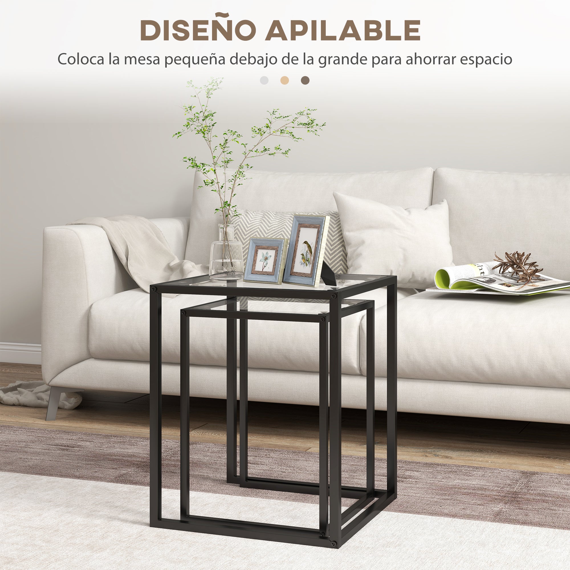 Set of 2 Square Side Tables Stackable Coffee Table Set with Tempered Glass Top and Steel Frame for Living Room 13x13x17.9 inches and 16.5x16.5x20 inches Black