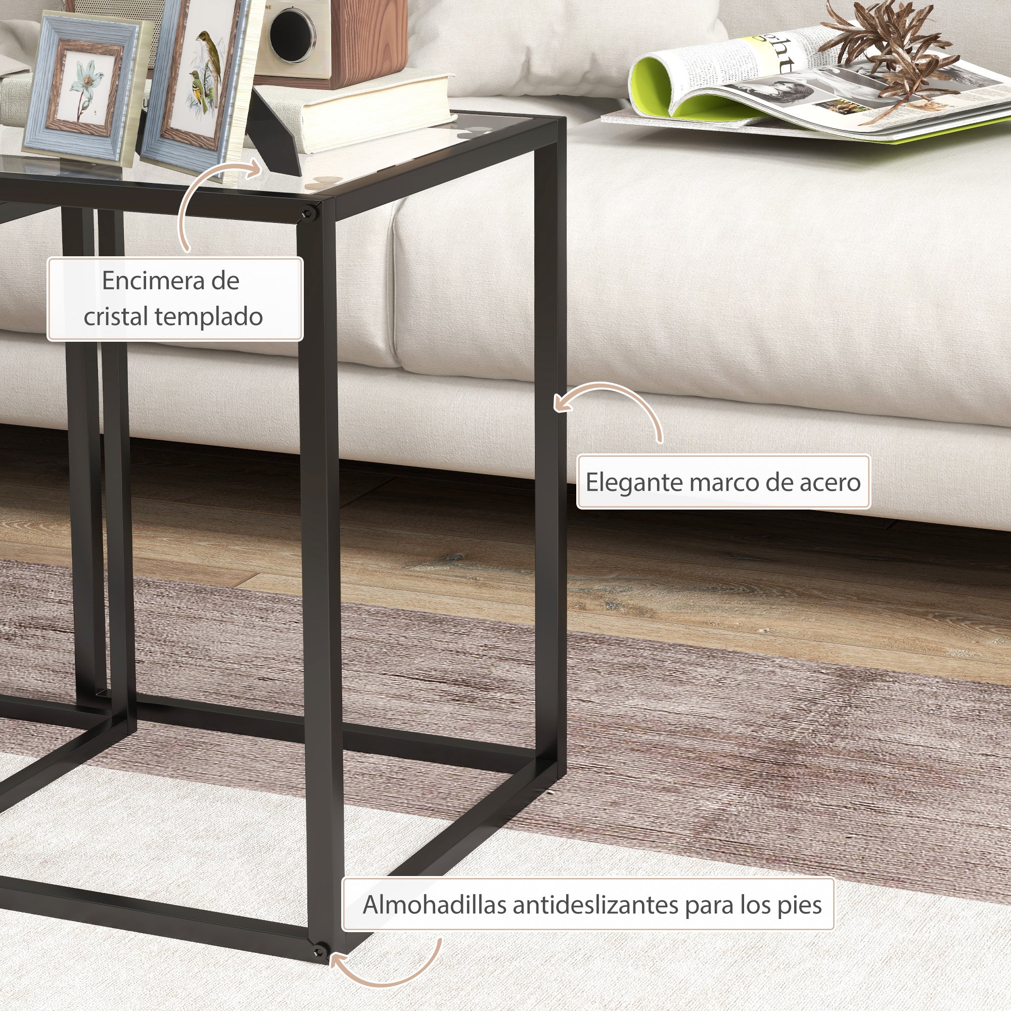 Set of 2 Square Side Tables Stackable Coffee Table Set with Tempered Glass Top and Steel Frame for Living Room 13x13x17.9 inches and 16.5x16.5x20 inches Black