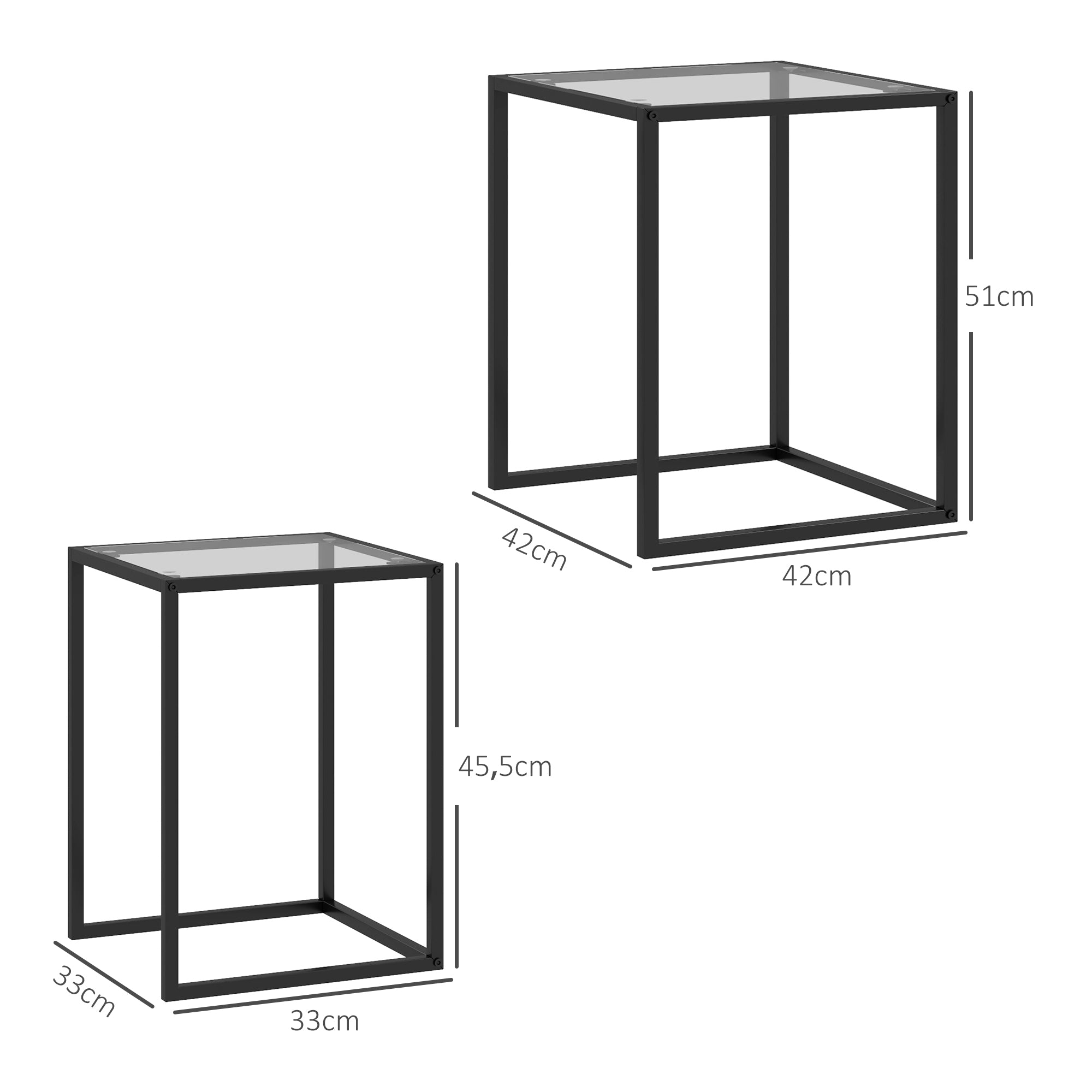 Set of 2 Square Side Tables Stackable Coffee Table Set with Tempered Glass Top and Steel Frame for Living Room 13x13x17.9 inches and 16.5x16.5x20 inches Black