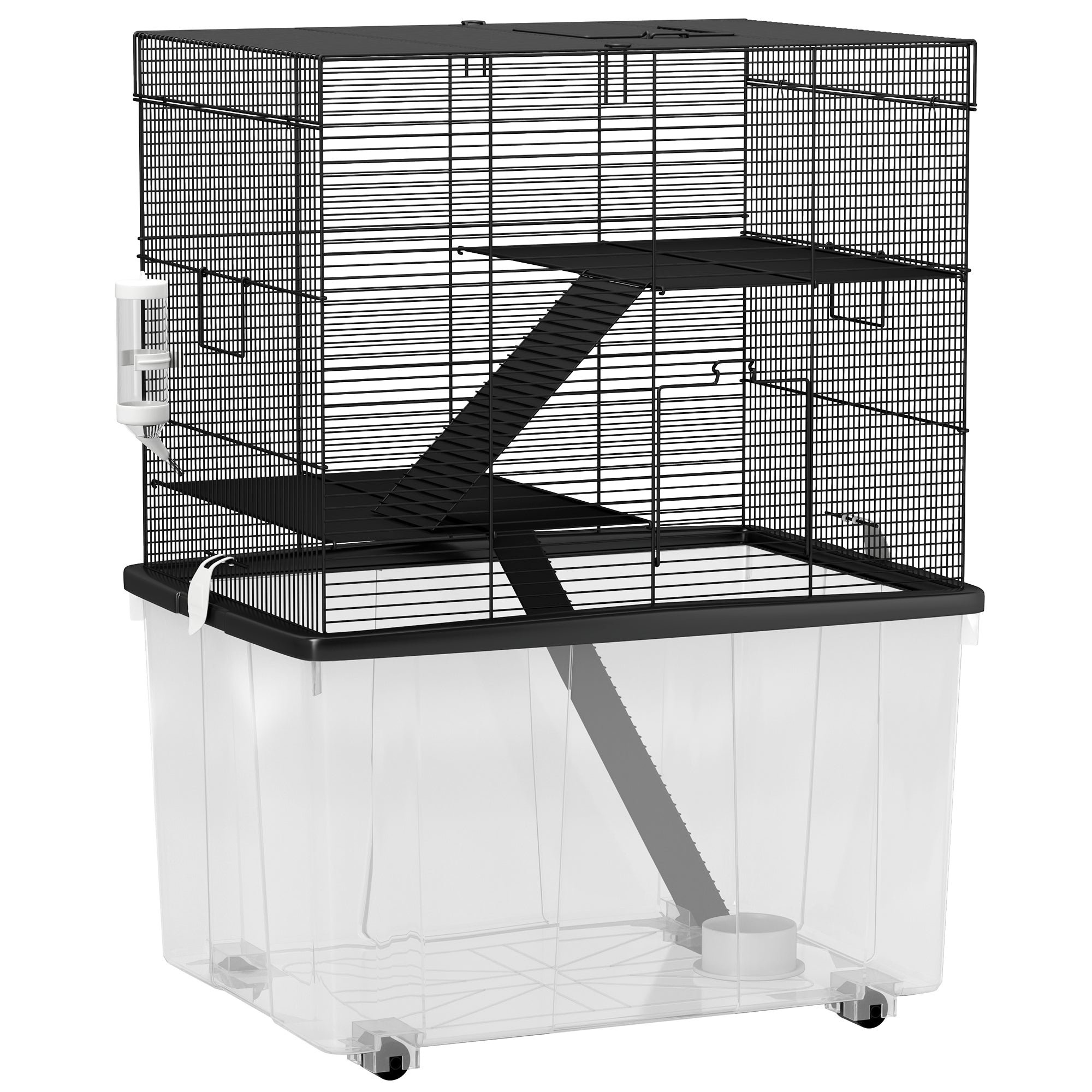 3-Level Hamster Cage with Deep 31cm Base and Wheels, Gerbil House with Ramps, Bowl, Water Bottle, 58x43x74cm, Black