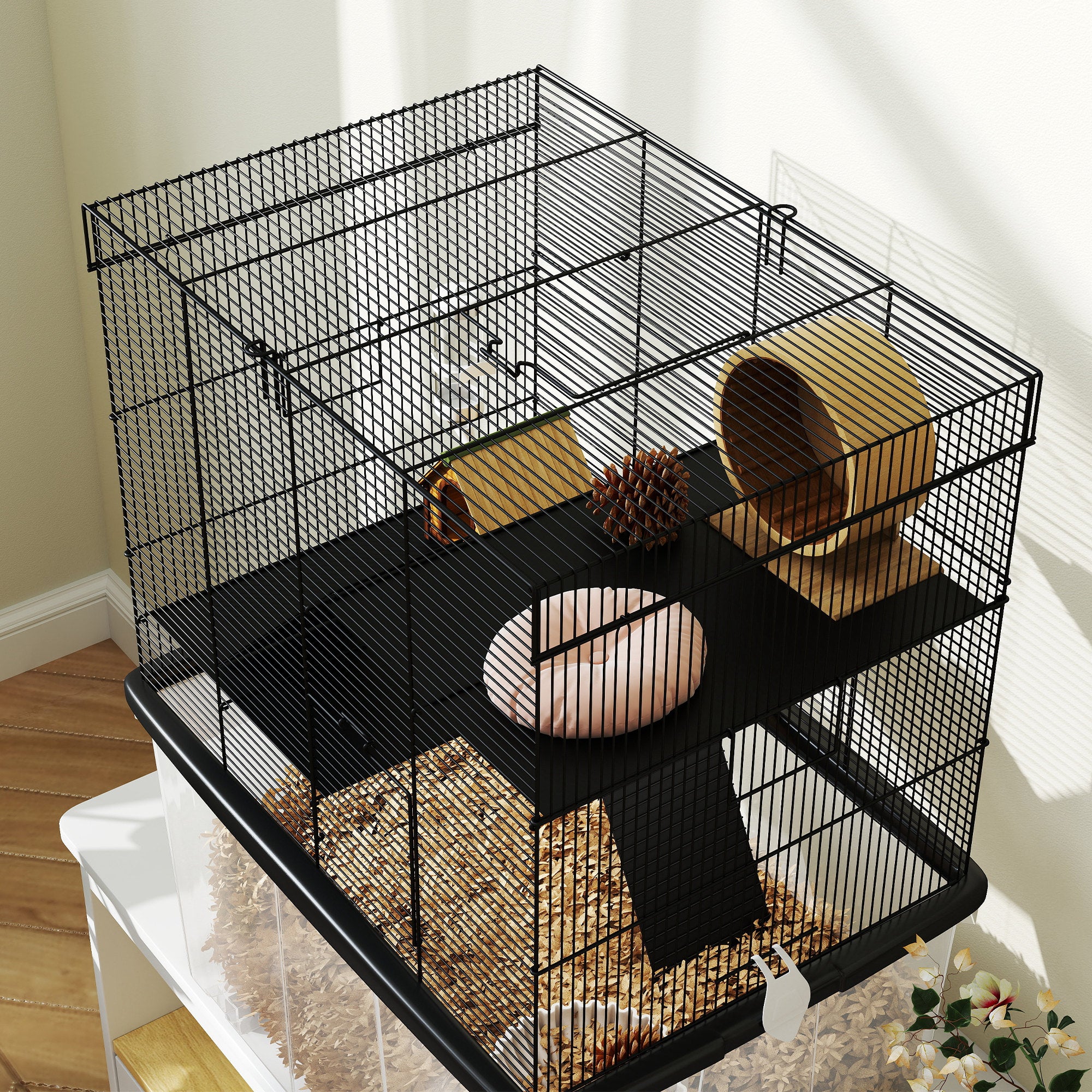 3-Level Hamster Cage with Deep 31cm Base and Wheels, Gerbil House with Ramps, Bowl, Water Bottle, 58x43x74cm, Black