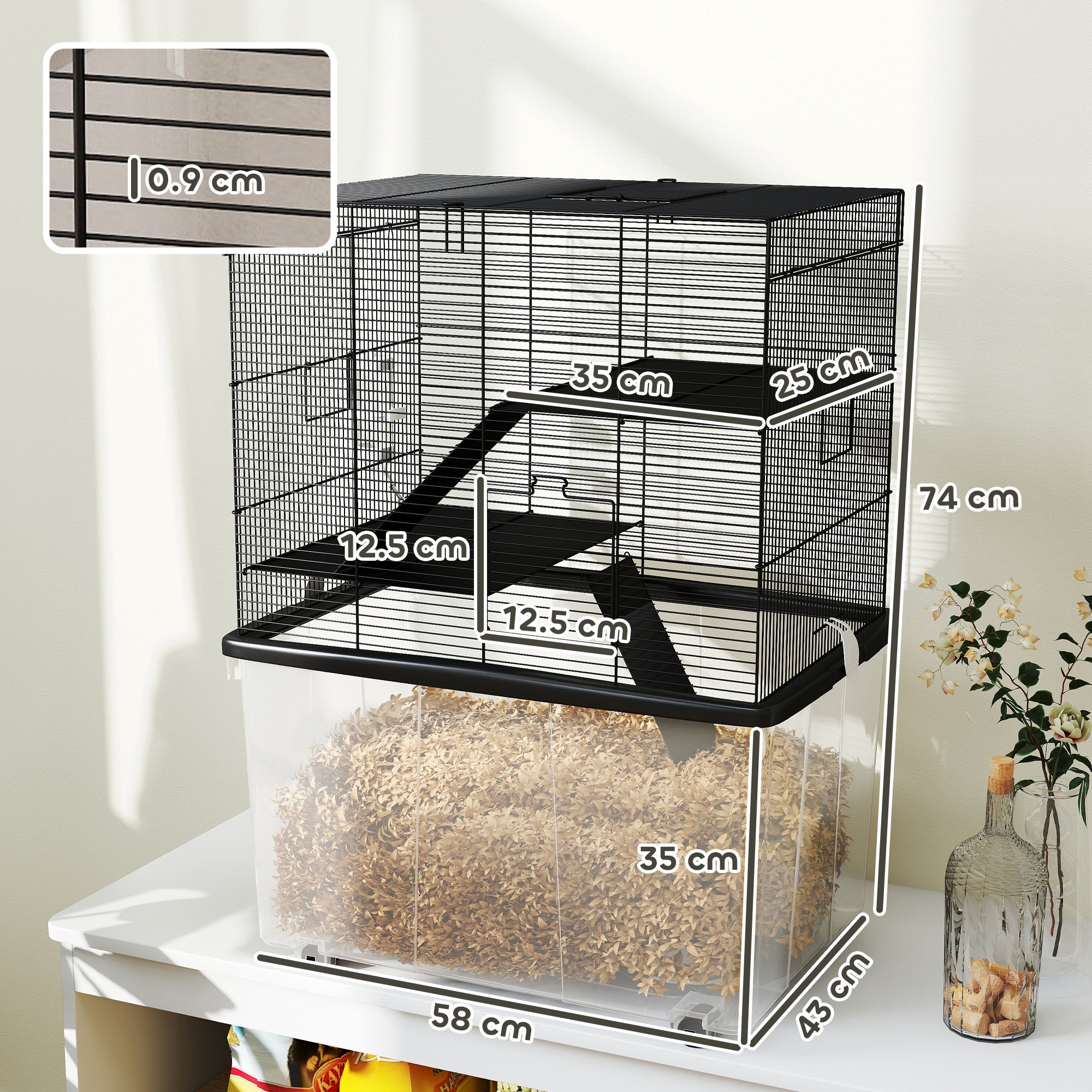 3-Level Hamster Cage with Deep 31cm Base and Wheels, Gerbil House with Ramps, Bowl, Water Bottle, 58x43x74cm, Black