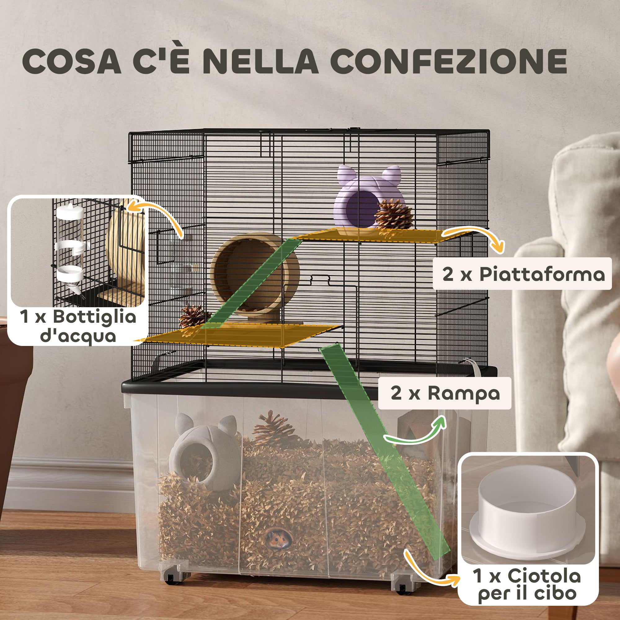 3-Level Hamster Cage with Deep 31cm Base and Wheels, Gerbil House with Ramps, Bowl, Water Bottle, 58x43x74cm, Black