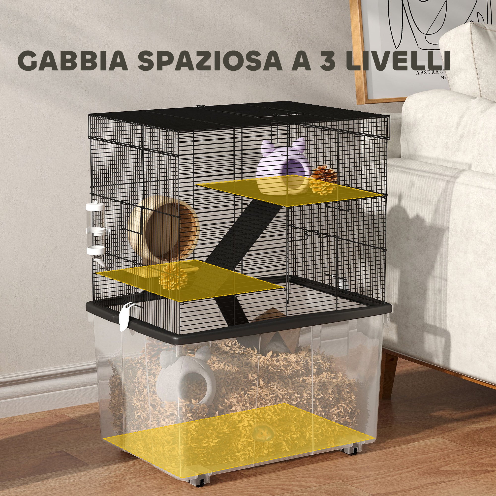3-Level Hamster Cage with Deep 31cm Base and Wheels, Gerbil House with Ramps, Bowl, Water Bottle, 58x43x74cm, Black