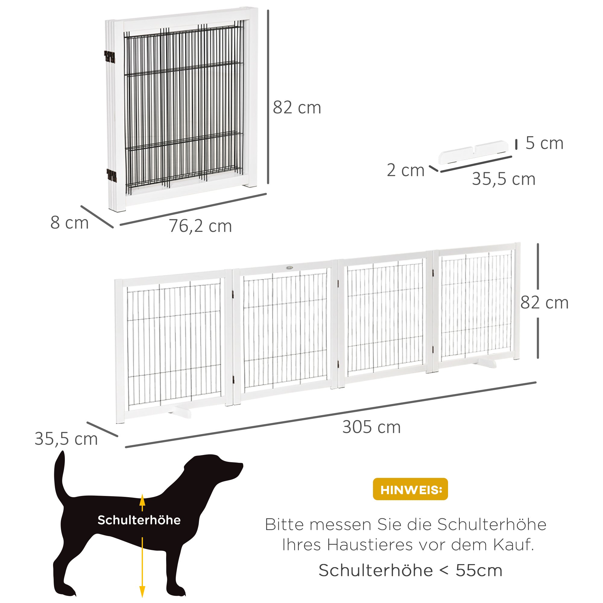 Freestanding Pet Gate Dog Safety Gate with Feet 305 x 82 cm Wood Dog Gate Foldable Stair Gate Dog Barrier for Stairs, Doors, Hallway, 4 Panels, White