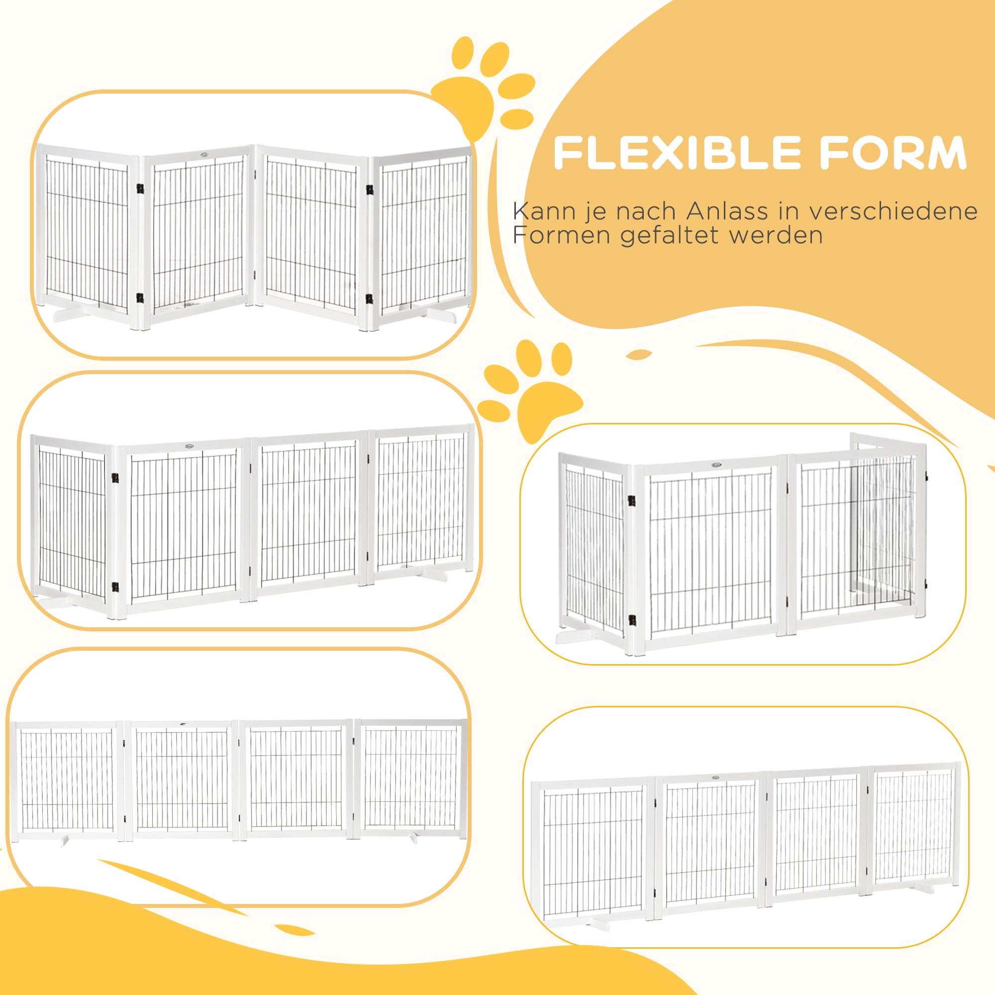 Freestanding Pet Gate Dog Safety Gate with Feet 305 x 82 cm Wood Dog Gate Foldable Stair Gate Dog Barrier for Stairs, Doors, Hallway, 4 Panels, White