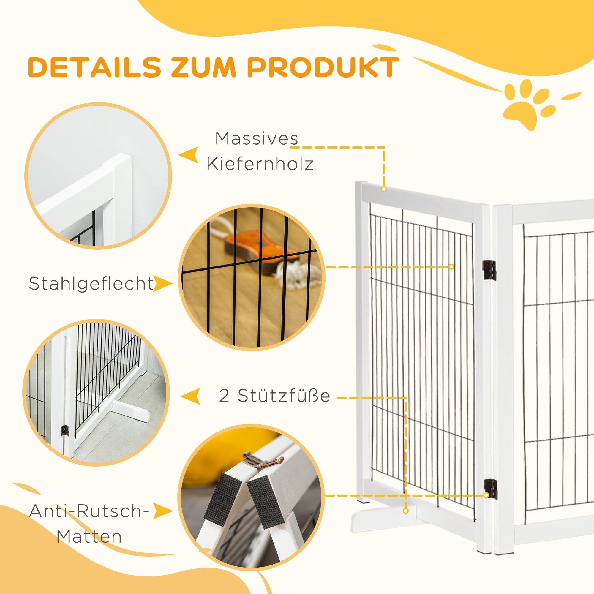 Freestanding Pet Gate Dog Safety Gate with Feet 305 x 82 cm Wood Dog Gate Foldable Stair Gate Dog Barrier for Stairs, Doors, Hallway, 4 Panels, White